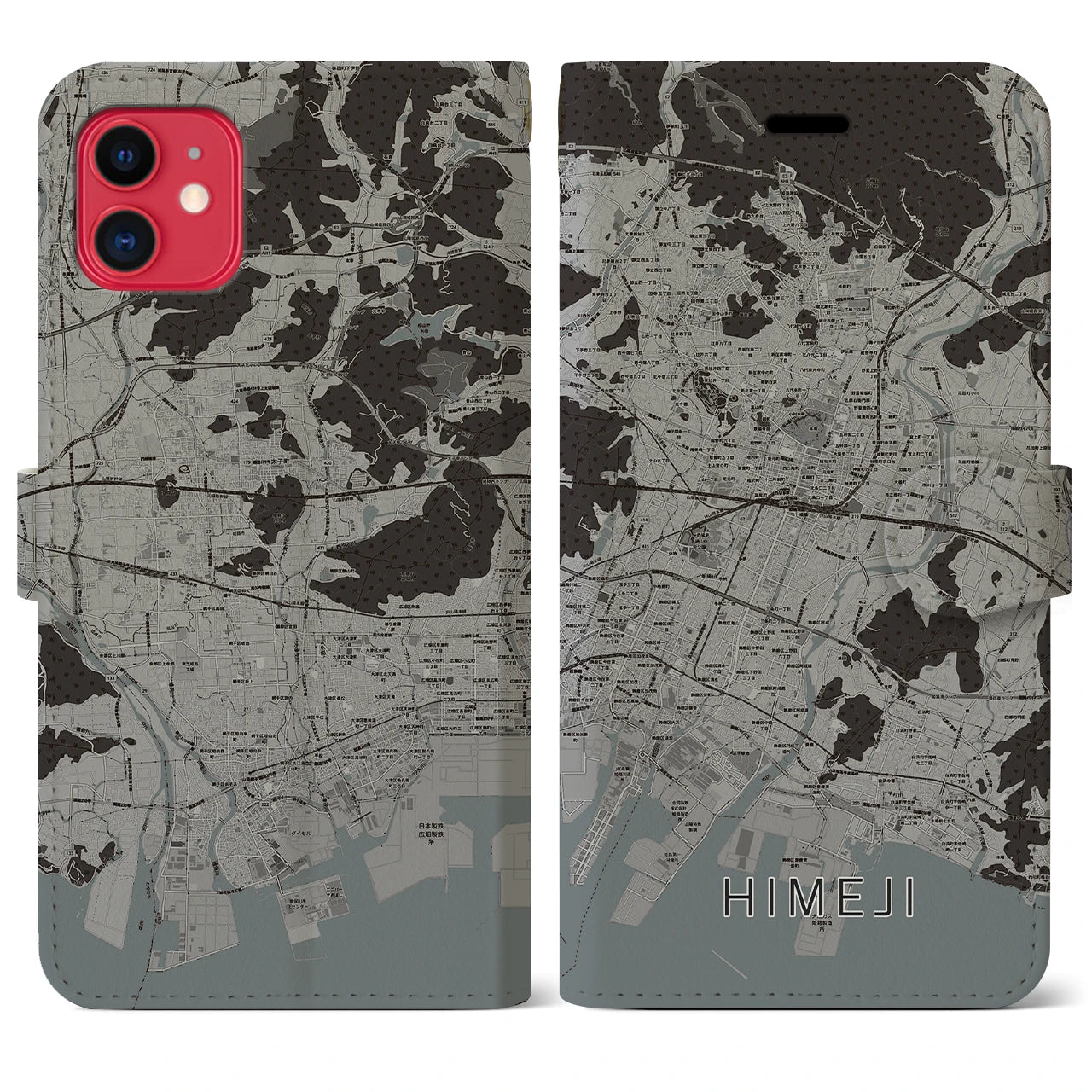 【姫路(兵庫県)】地図柄iPhoneケース(手帳タイプ)モノトーン・iPhone 11 用