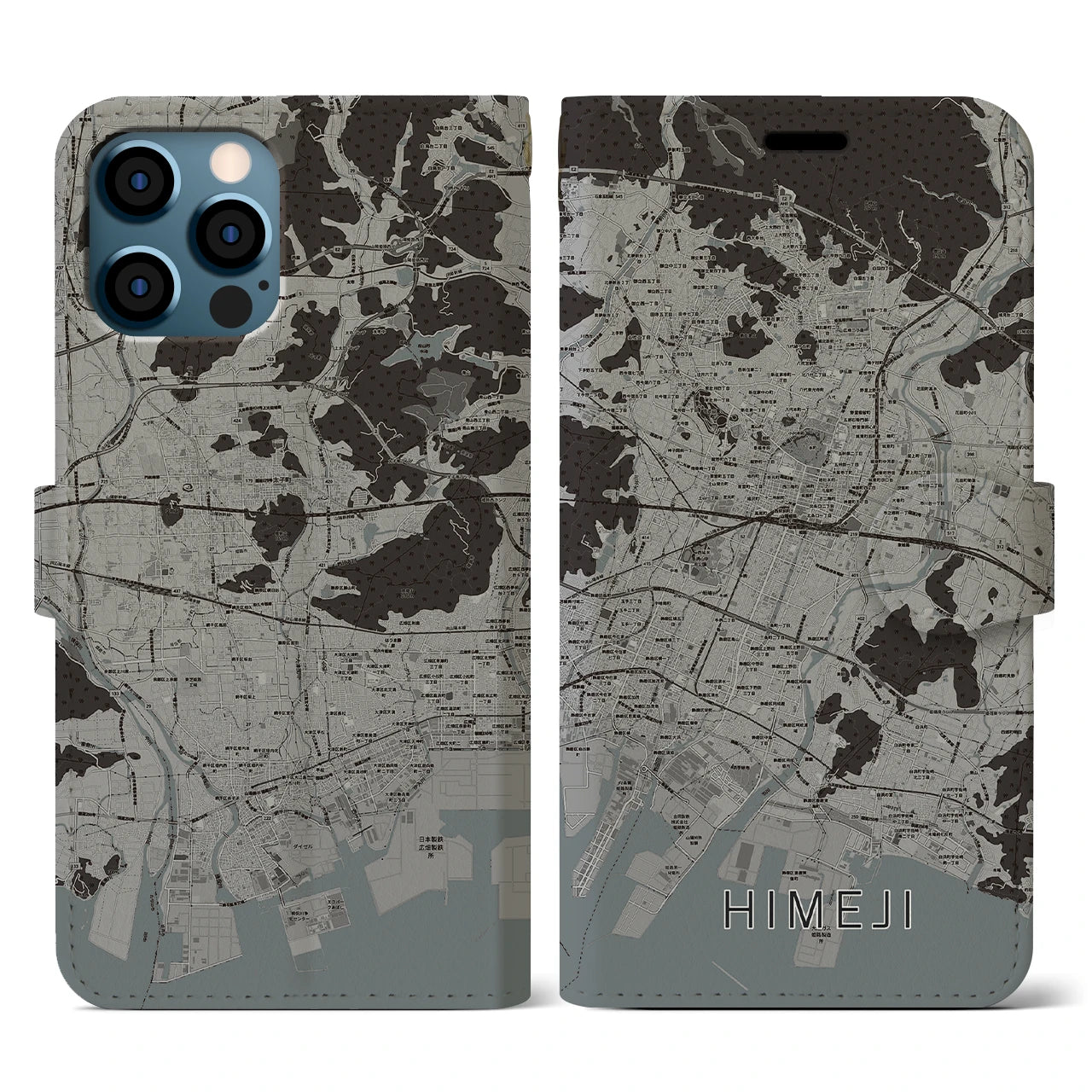 【姫路(兵庫県)】地図柄iPhoneケース(手帳タイプ)モノトーン・iPhone 12 / 12 Pro 用