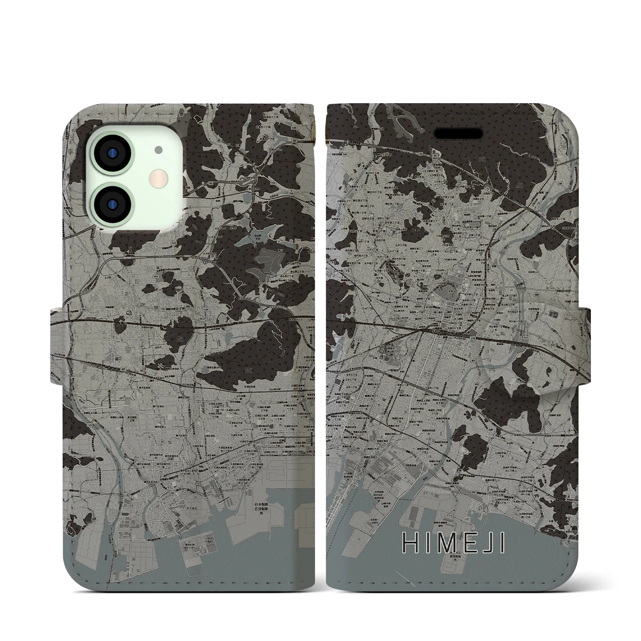 【姫路(兵庫県)】地図柄iPhoneケース(手帳タイプ)モノトーン・iPhone 12 mini 用