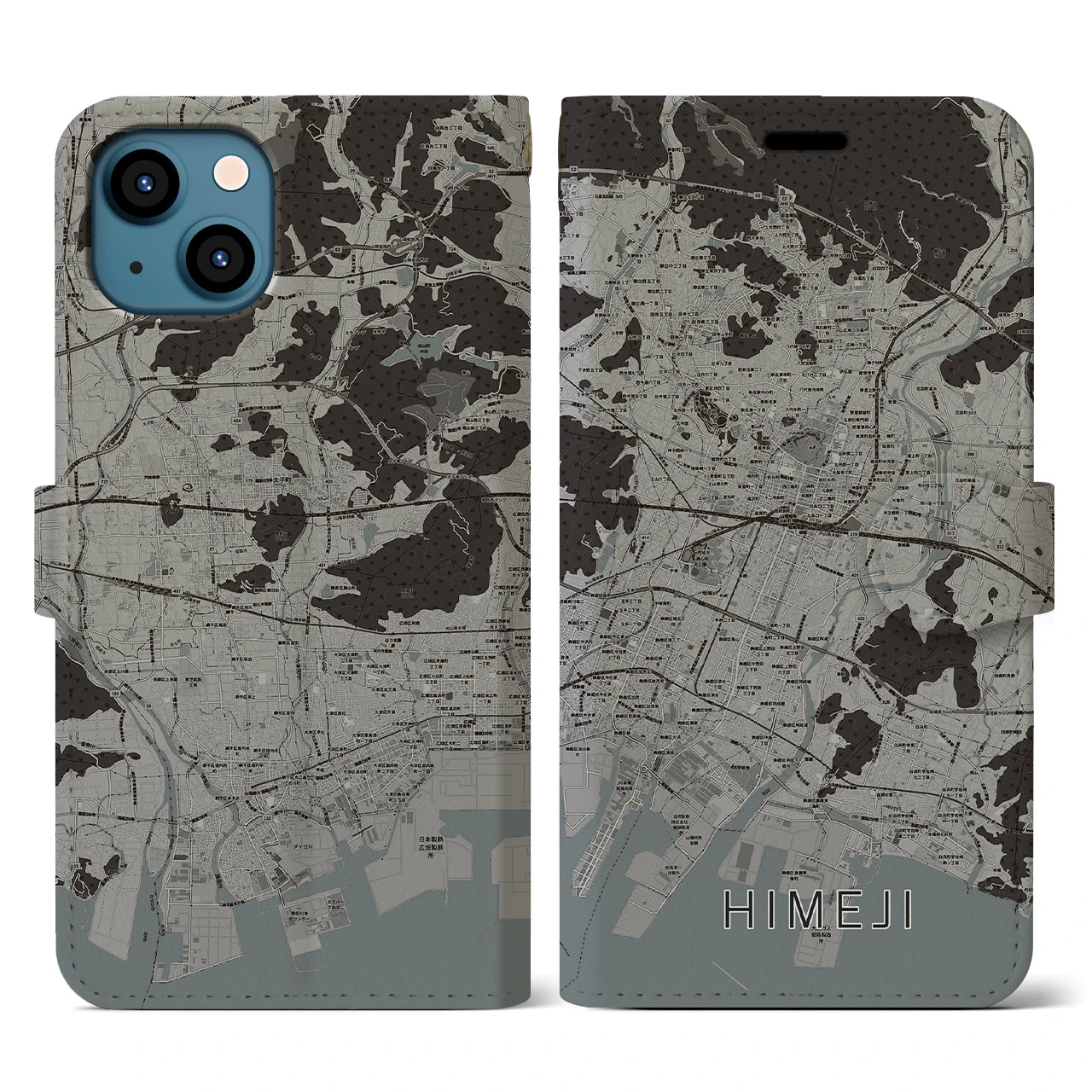 【姫路(兵庫県)】地図柄iPhoneケース(手帳タイプ)モノトーン・iPhone 13 用