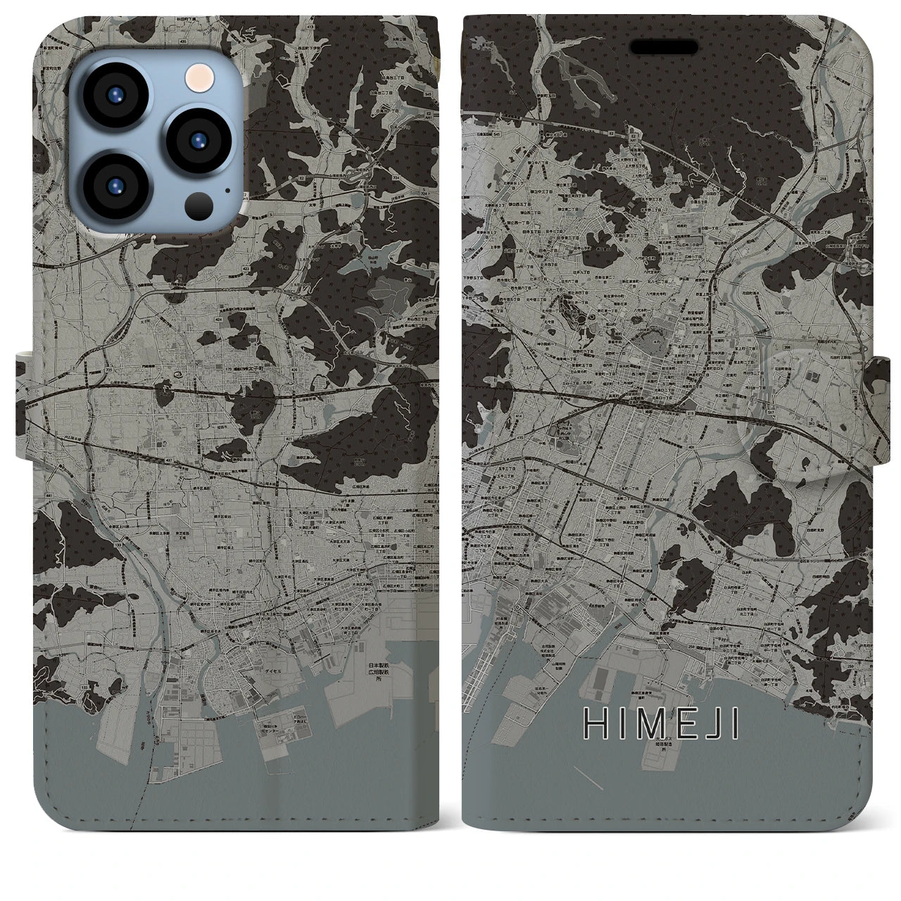 【姫路(兵庫県)】地図柄iPhoneケース(手帳タイプ)モノトーン・iPhone 13 Pro Max 用