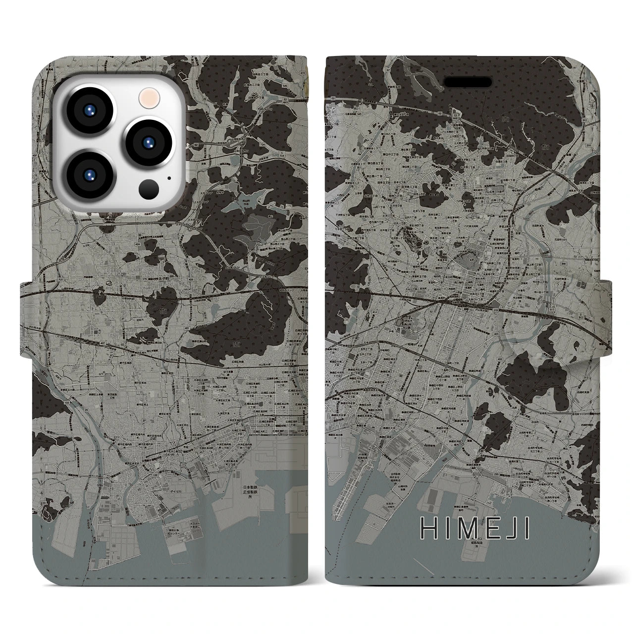 【姫路(兵庫県)】地図柄iPhoneケース(手帳タイプ)モノトーン・iPhone 13 Pro 用