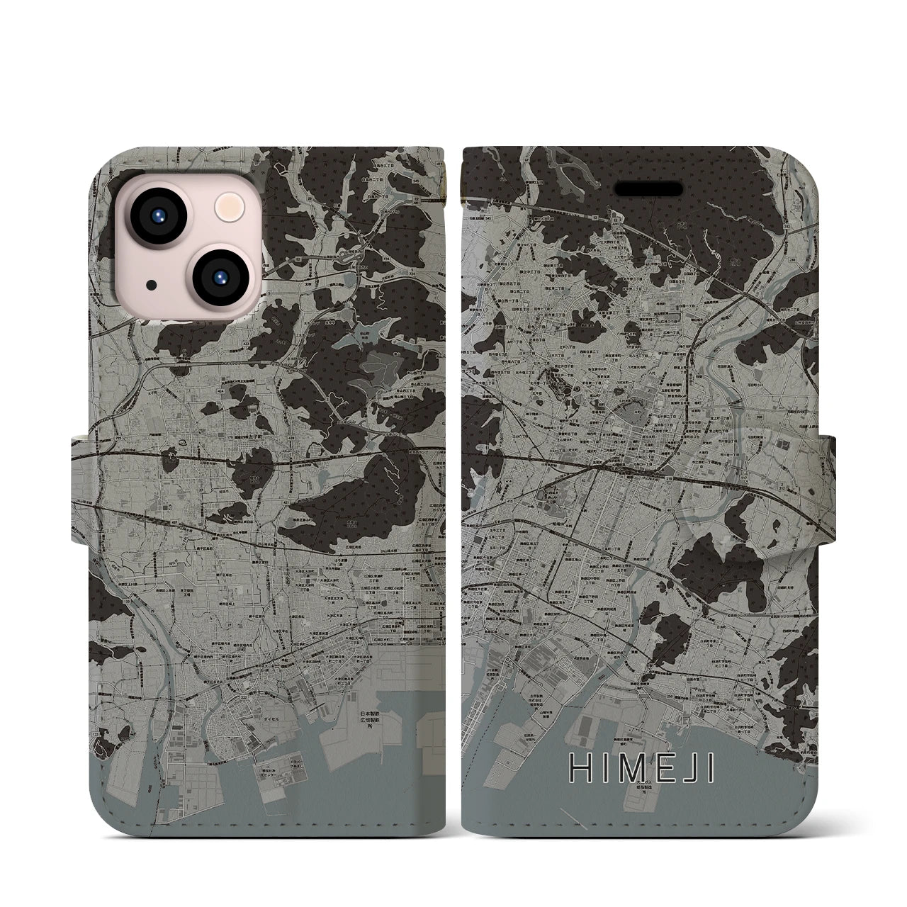 【姫路(兵庫県)】地図柄iPhoneケース(手帳タイプ)モノトーン・iPhone 13 mini 用