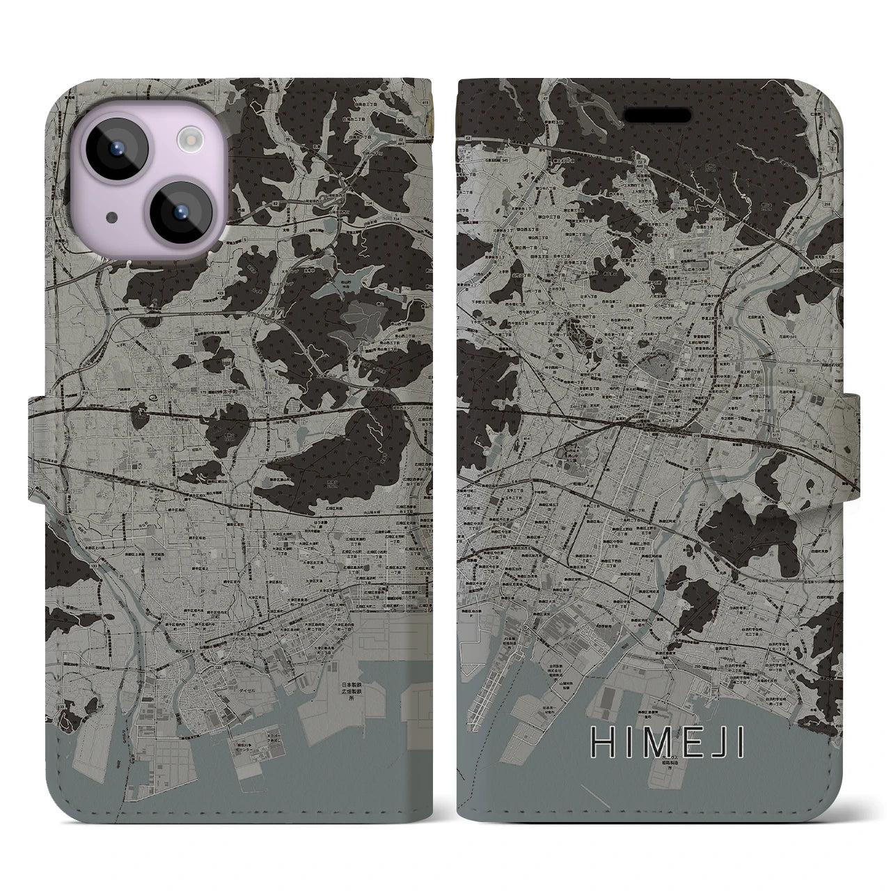 【姫路(兵庫県)】地図柄iPhoneケース(手帳タイプ)モノトーン・iPhone 14 用