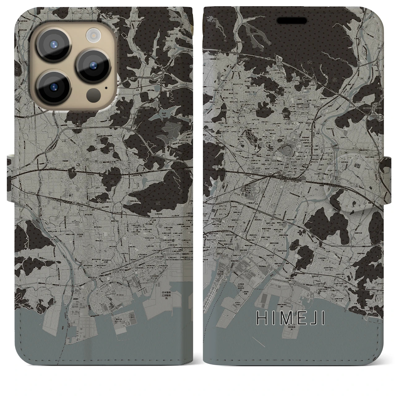 【姫路(兵庫県)】地図柄iPhoneケース(手帳タイプ)モノトーン・iPhone 14 Pro Max 用