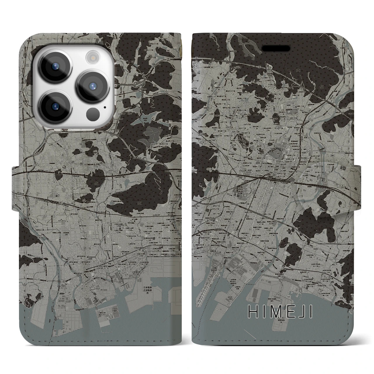 【姫路(兵庫県)】地図柄iPhoneケース(手帳タイプ)モノトーン・iPhone 14 Pro 用