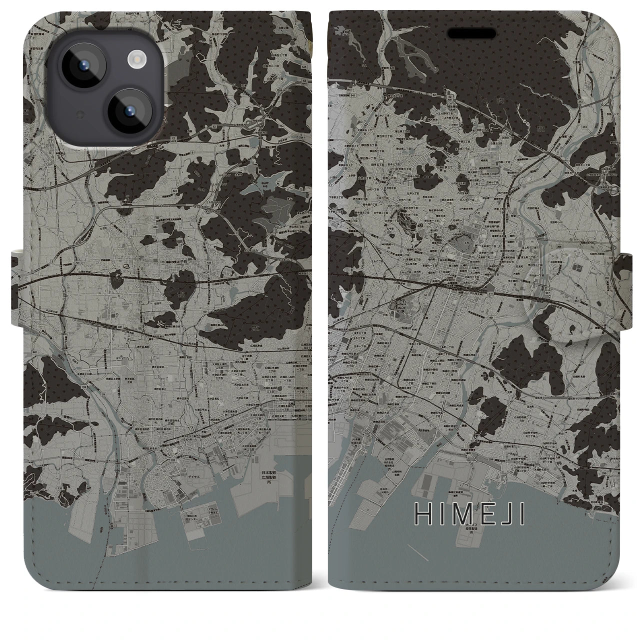 【姫路(兵庫県)】地図柄iPhoneケース(手帳タイプ)モノトーン・iPhone 14 Plus 用