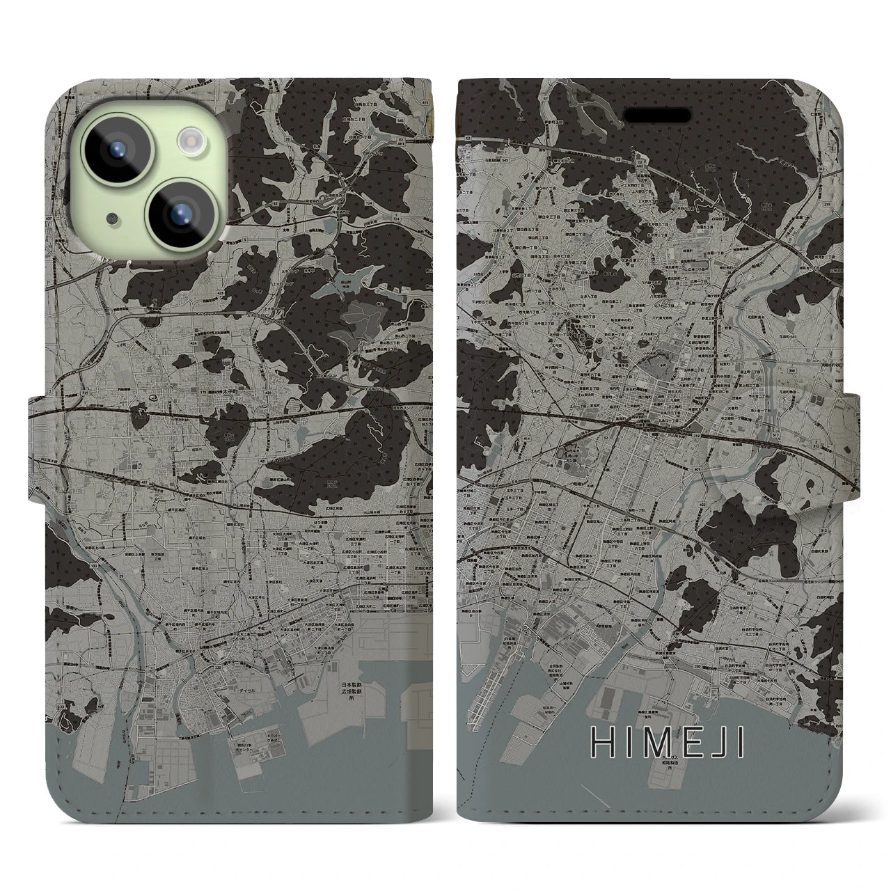 【姫路(兵庫県)】地図柄iPhoneケース(手帳タイプ)モノトーン・iPhone 15 用