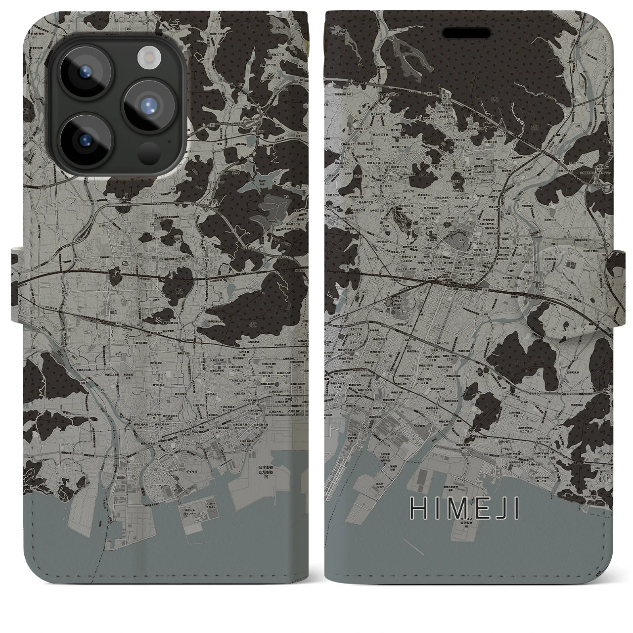 【姫路(兵庫県)】地図柄iPhoneケース(手帳タイプ)モノトーン・iPhone 15 Pro Max 用