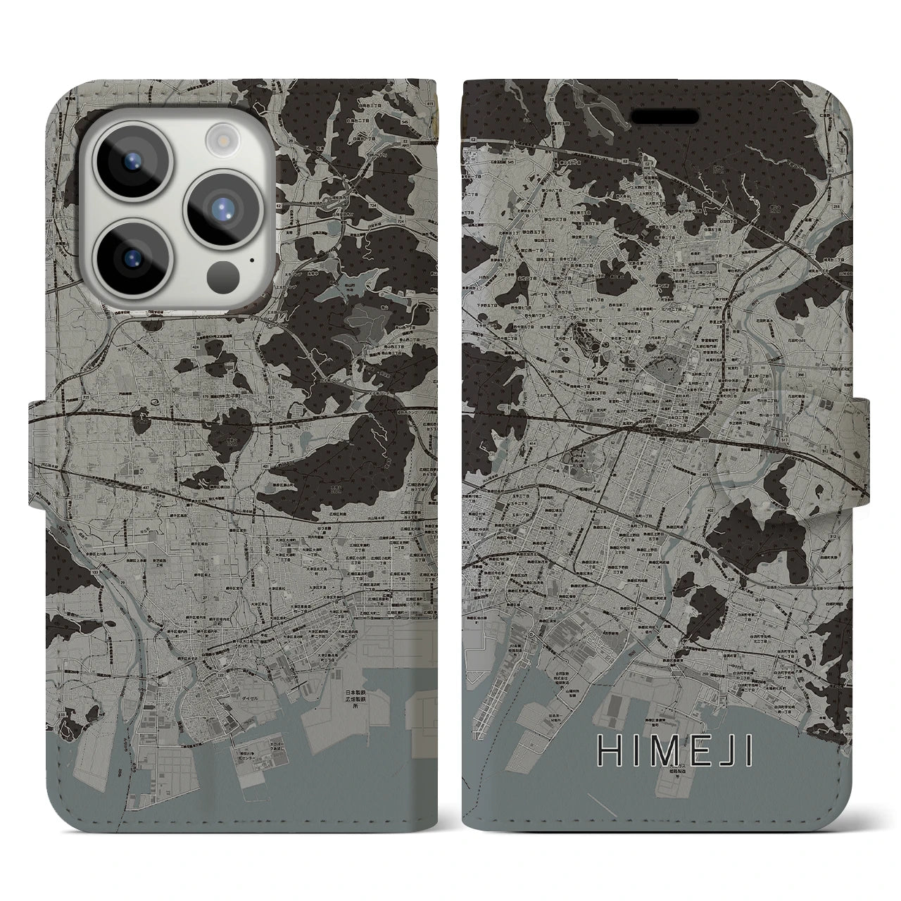 【姫路(兵庫県)】地図柄iPhoneケース(手帳タイプ)モノトーン・iPhone 15 Pro 用