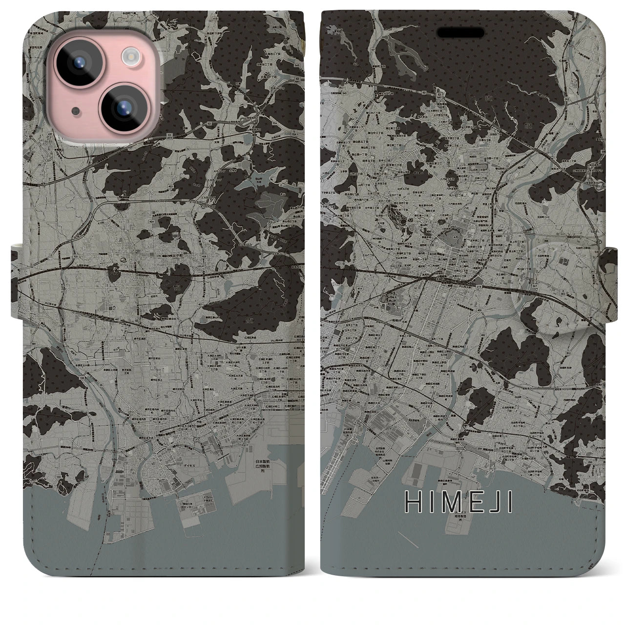 【姫路(兵庫県)】地図柄iPhoneケース(手帳タイプ)モノトーン・iPhone 15 Plus 用