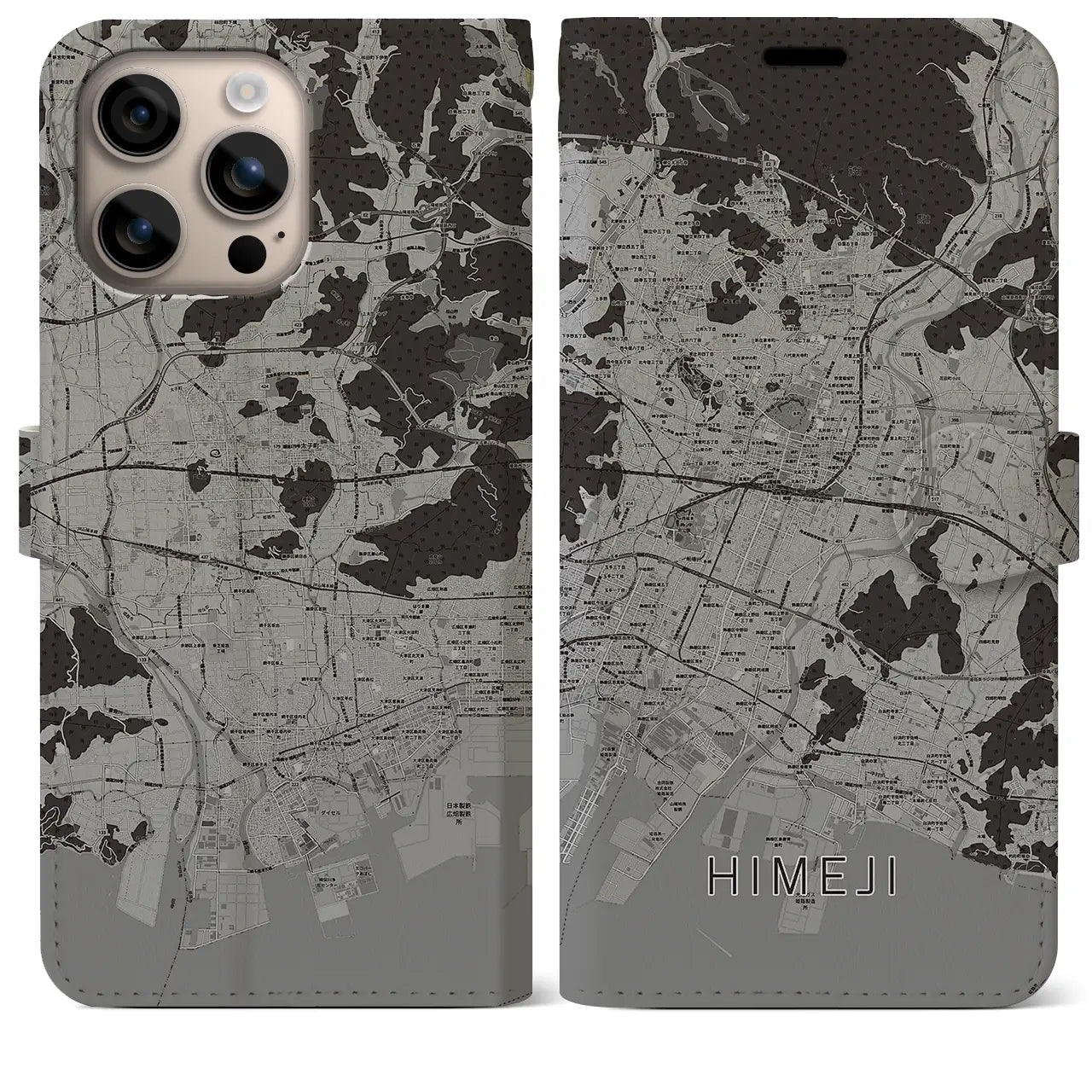 【姫路(兵庫県)】地図柄iPhoneケース(手帳タイプ)モノトーン・iPhone 16 Plus 用