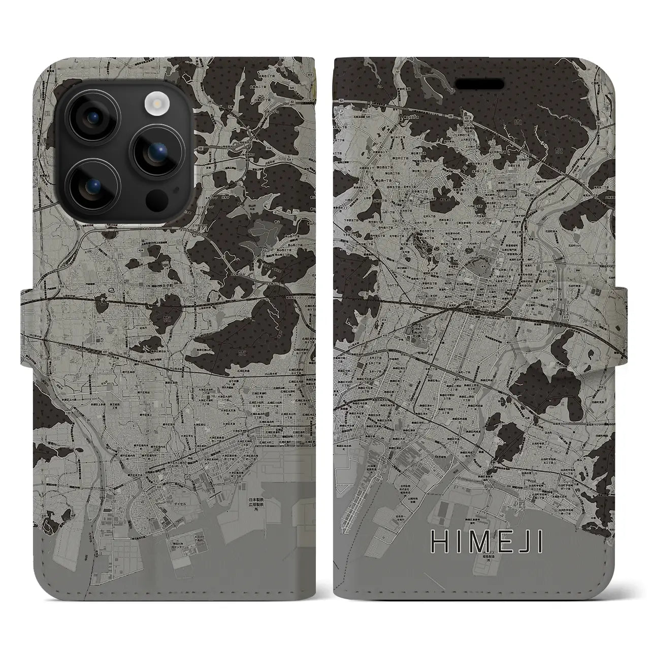 【姫路(兵庫県)】地図柄iPhoneケース(手帳タイプ)モノトーン・iPhone 16 用