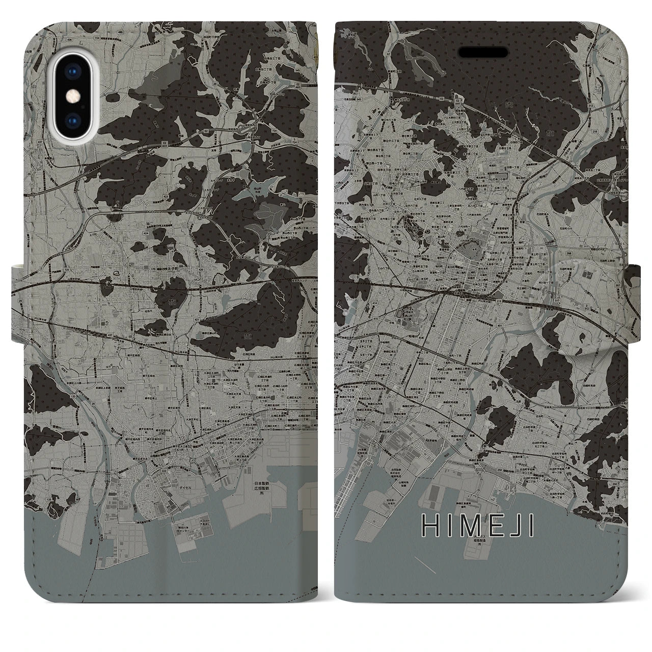 【姫路(兵庫県)】地図柄iPhoneケース(手帳タイプ)モノトーン・iPhone XS Max 用