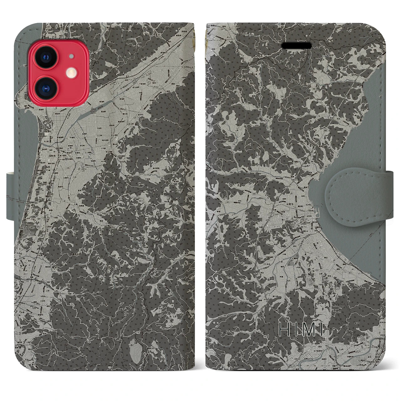【氷見(富山県)】地図柄iPhoneケース(手帳タイプ)モノトーン・iPhone 11 用