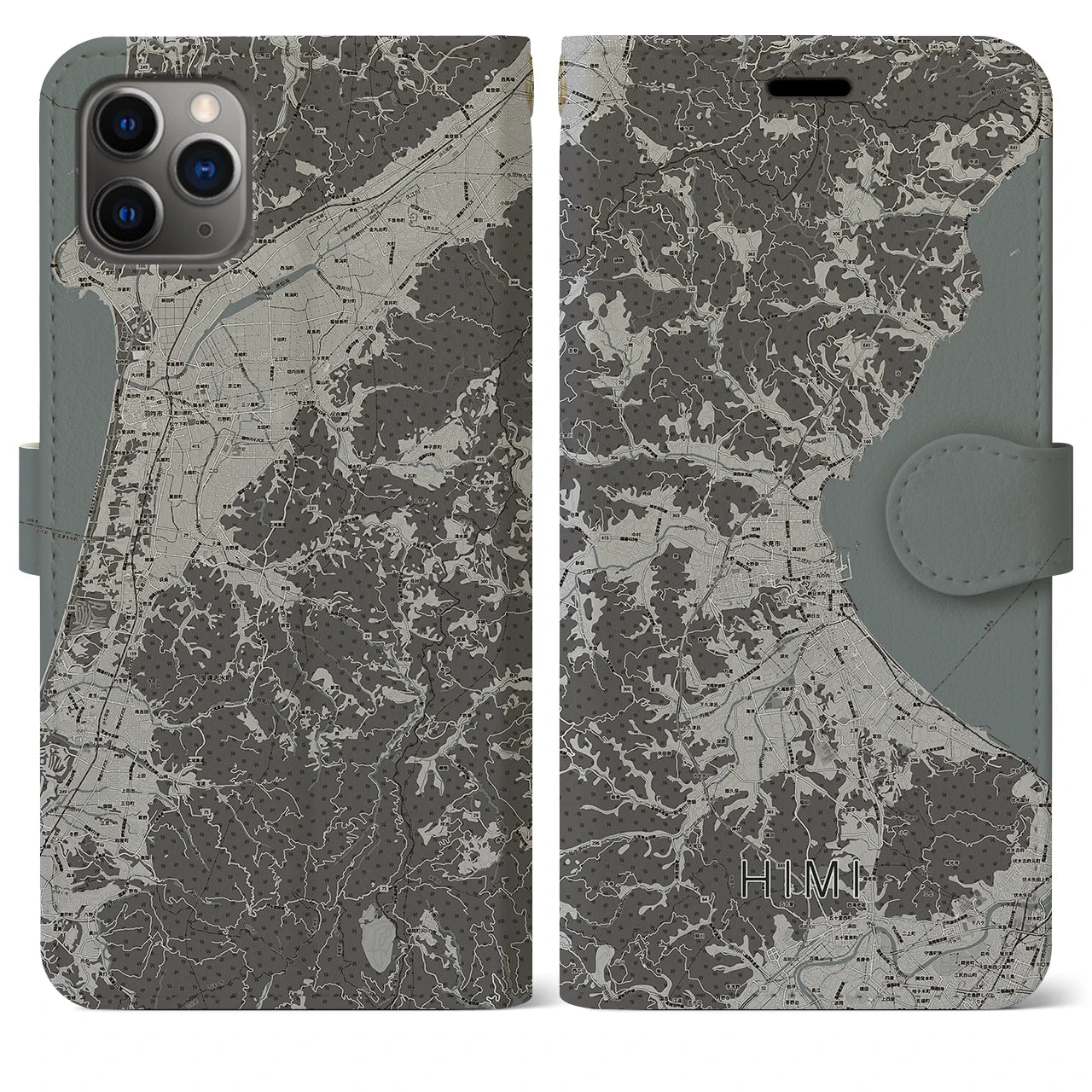 【氷見(富山県)】地図柄iPhoneケース(手帳タイプ)モノトーン・iPhone 11 Pro Max 用