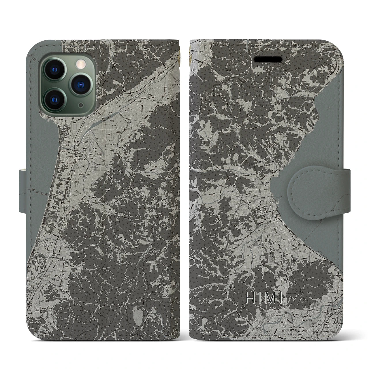 【氷見(富山県)】地図柄iPhoneケース(手帳タイプ)モノトーン・iPhone 11 Pro 用