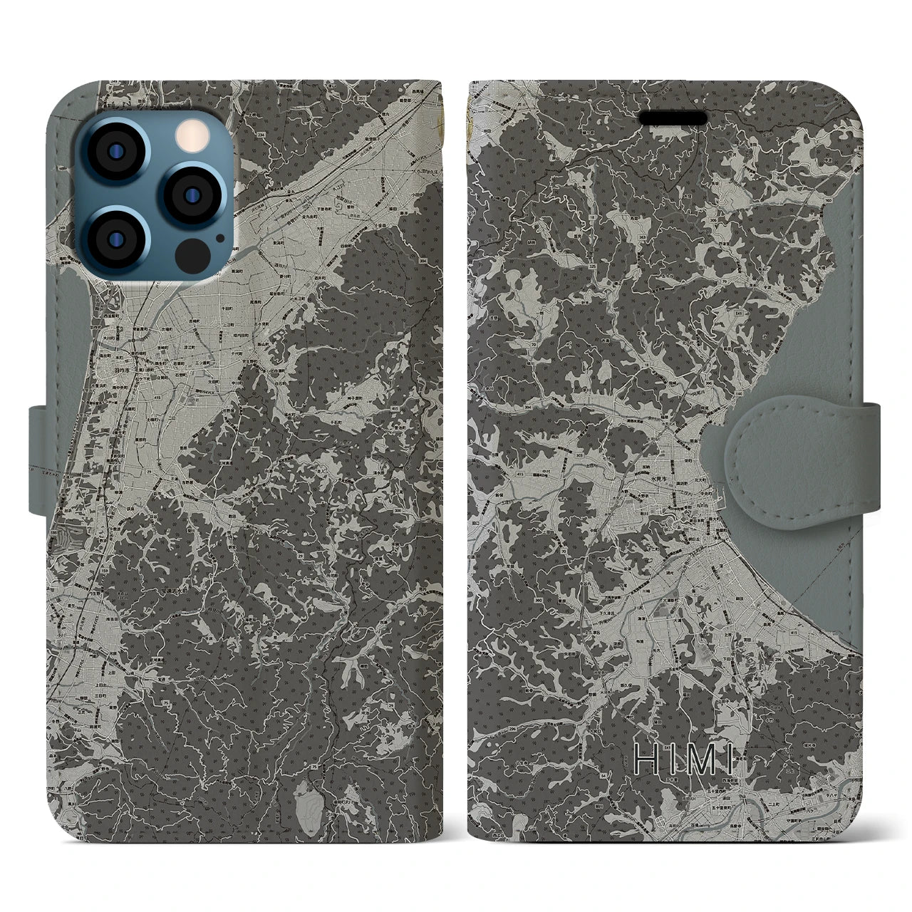 【氷見(富山県)】地図柄iPhoneケース(手帳タイプ)モノトーン・iPhone 12 / 12 Pro 用