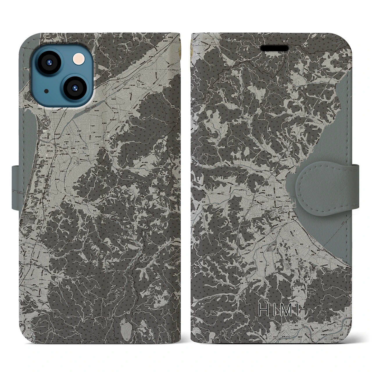 【氷見(富山県)】地図柄iPhoneケース(手帳タイプ)モノトーン・iPhone 13 用