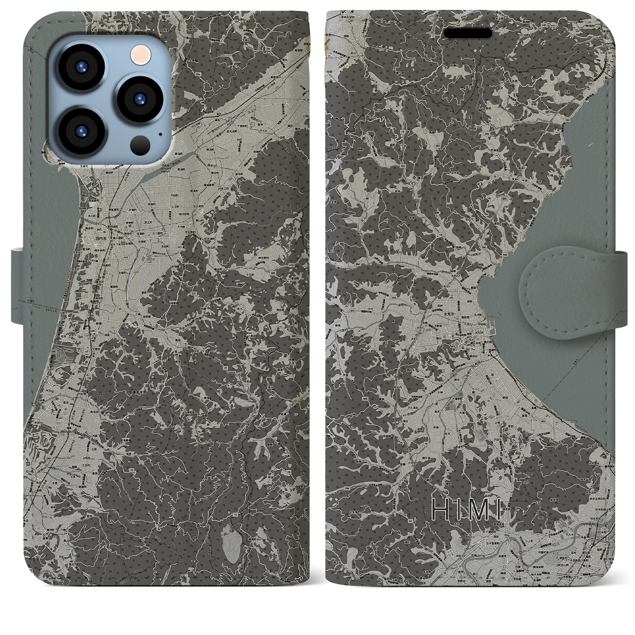 【氷見(富山県)】地図柄iPhoneケース(手帳タイプ)モノトーン・iPhone 13 Pro Max 用