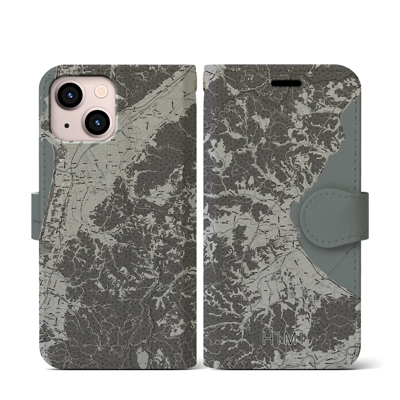 【氷見(富山県)】地図柄iPhoneケース(手帳タイプ)モノトーン・iPhone 13 mini 用