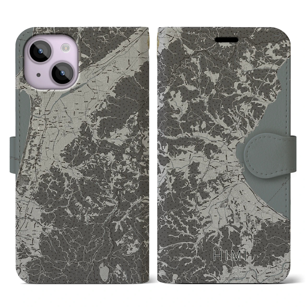 【氷見(富山県)】地図柄iPhoneケース(手帳タイプ)モノトーン・iPhone 14 用