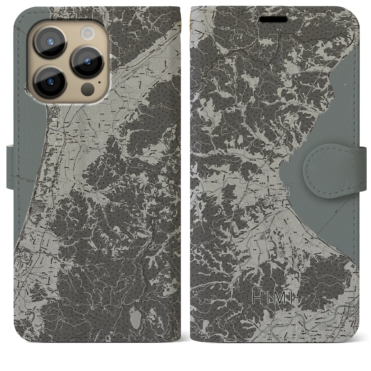 【氷見(富山県)】地図柄iPhoneケース(手帳タイプ)モノトーン・iPhone 14 Pro Max 用