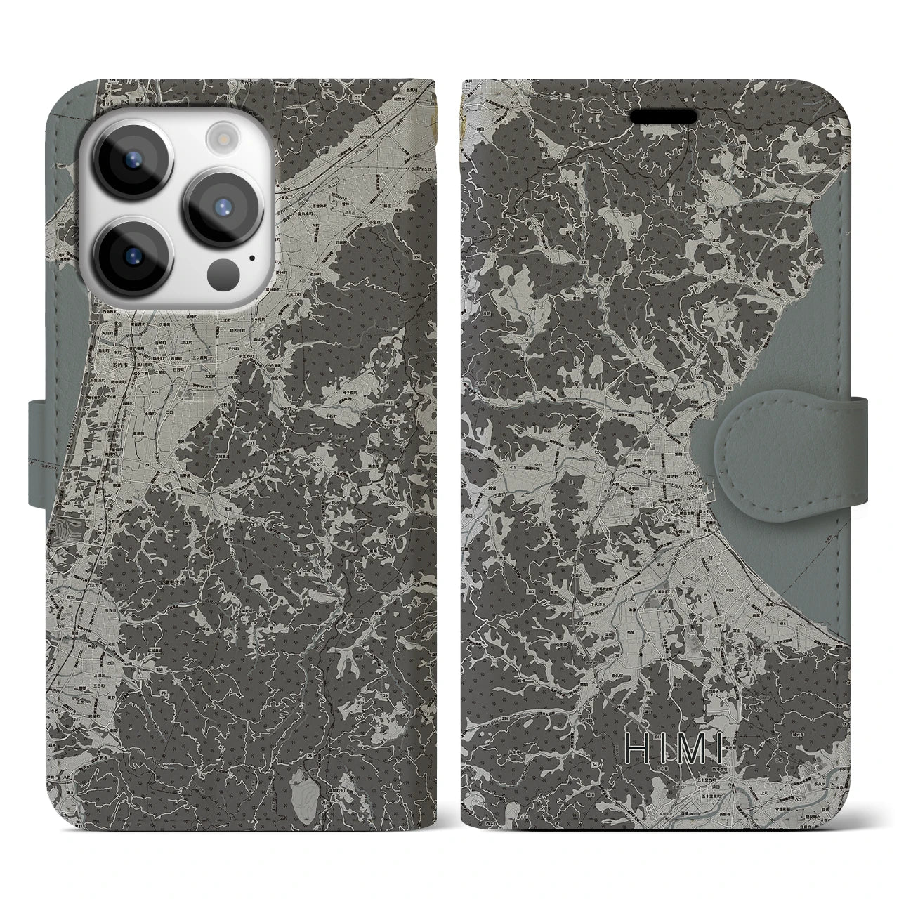 【氷見(富山県)】地図柄iPhoneケース(手帳タイプ)モノトーン・iPhone 14 Pro 用