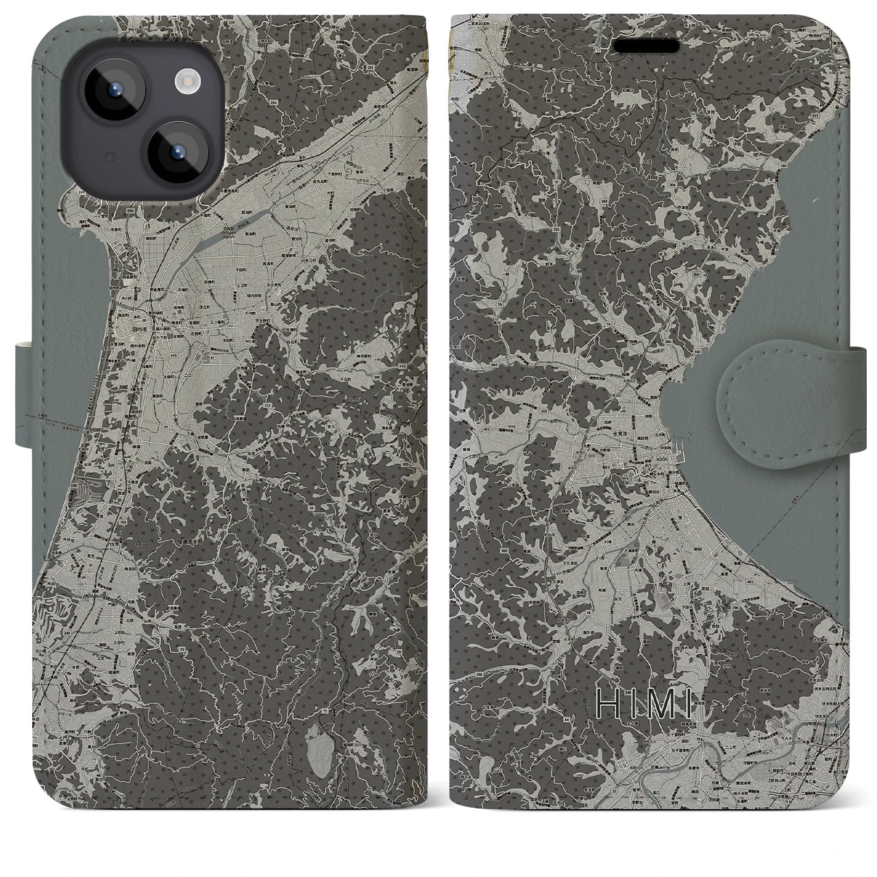 【氷見(富山県)】地図柄iPhoneケース(手帳タイプ)モノトーン・iPhone 14 Plus 用