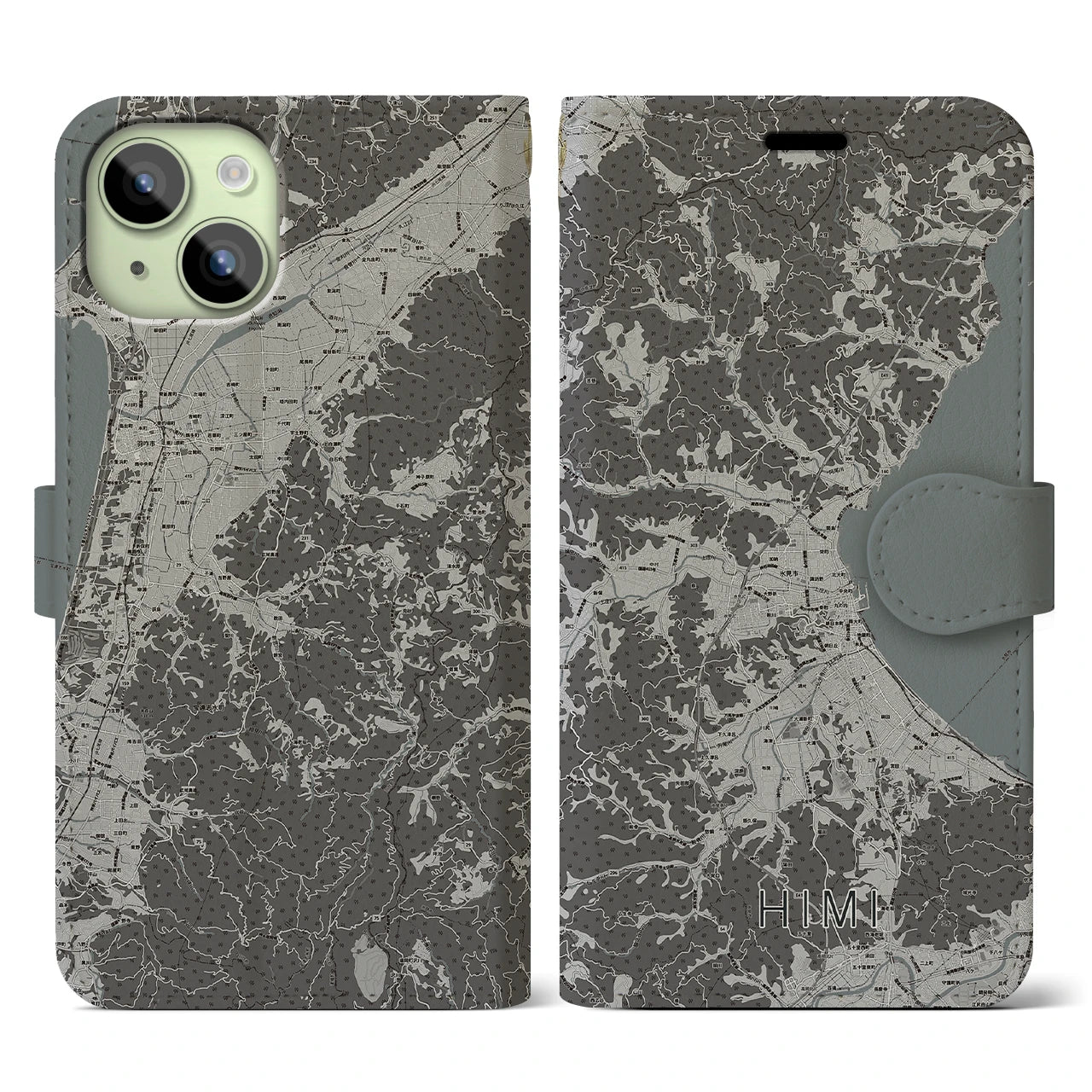 【氷見(富山県)】地図柄iPhoneケース(手帳タイプ)モノトーン・iPhone 15 用