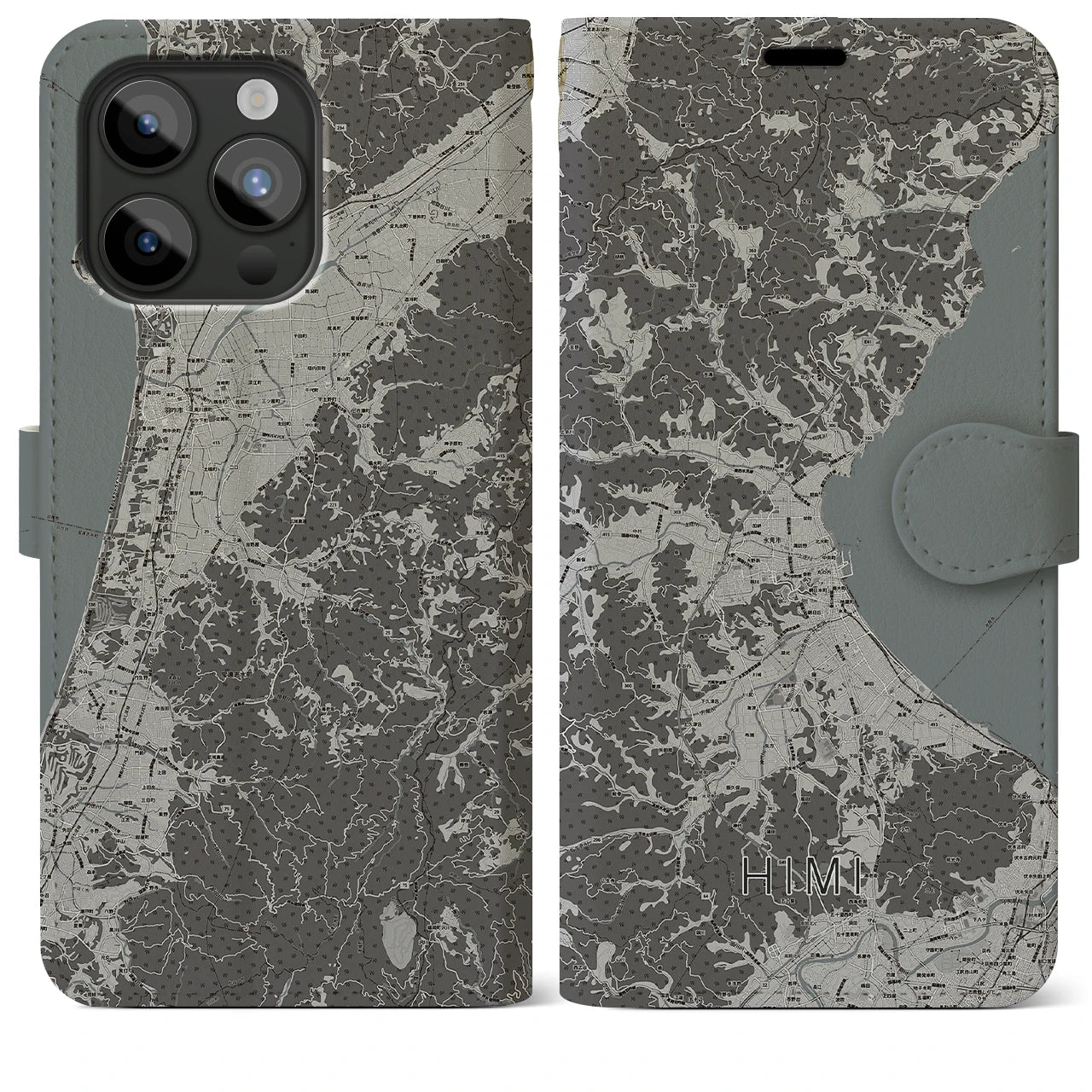 【氷見(富山県)】地図柄iPhoneケース(手帳タイプ)モノトーン・iPhone 15 Pro Max 用