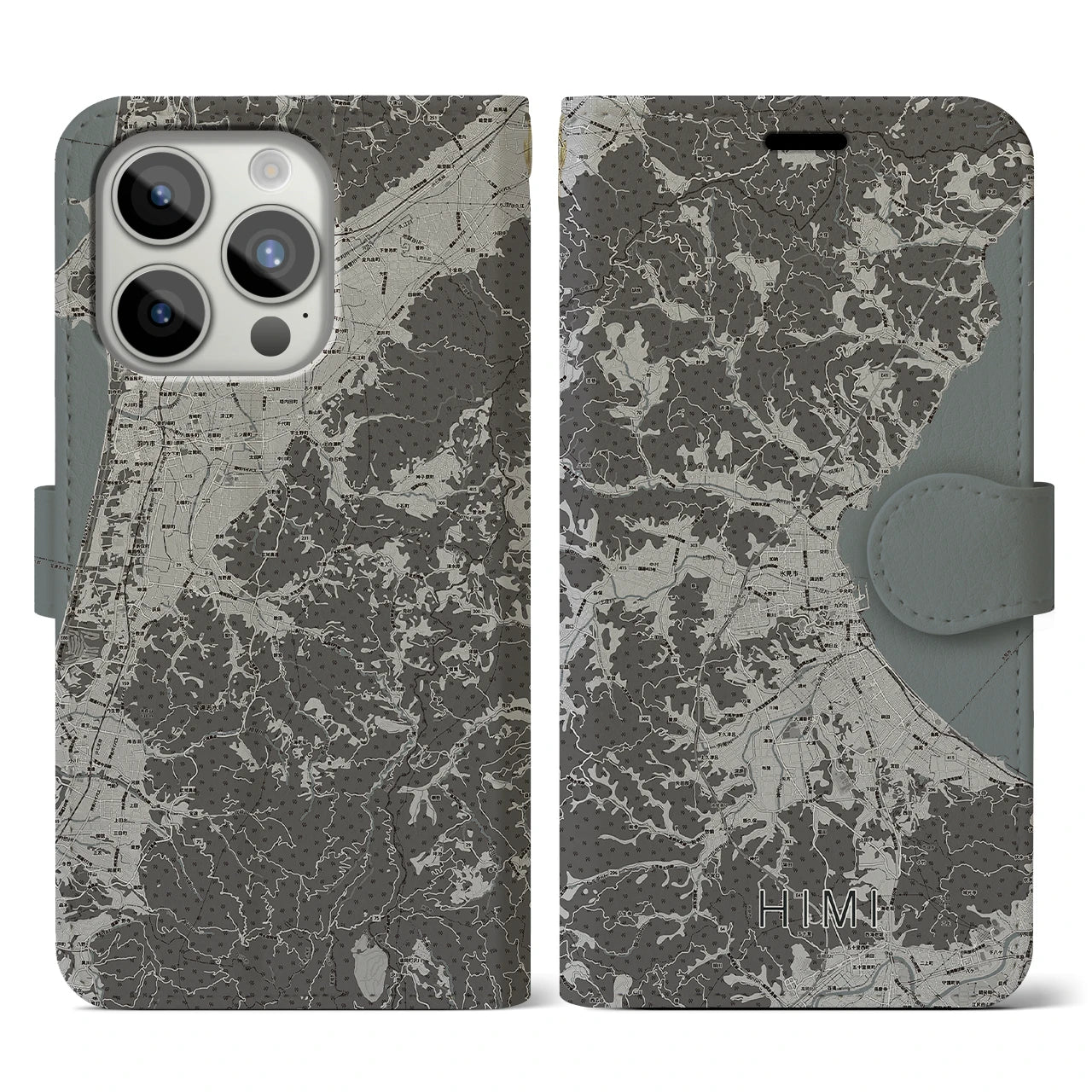 【氷見(富山県)】地図柄iPhoneケース(手帳タイプ)モノトーン・iPhone 15 Pro 用