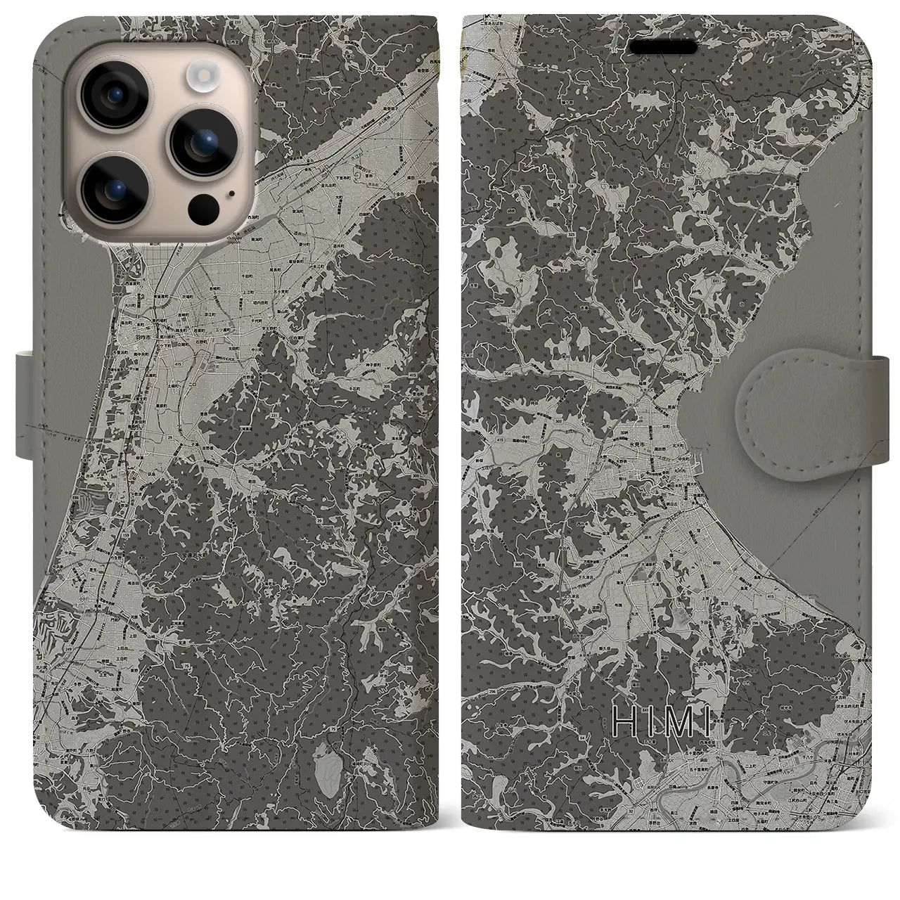 【氷見(富山県)】地図柄iPhoneケース(手帳タイプ)モノトーン・iPhone 16 Plus 用