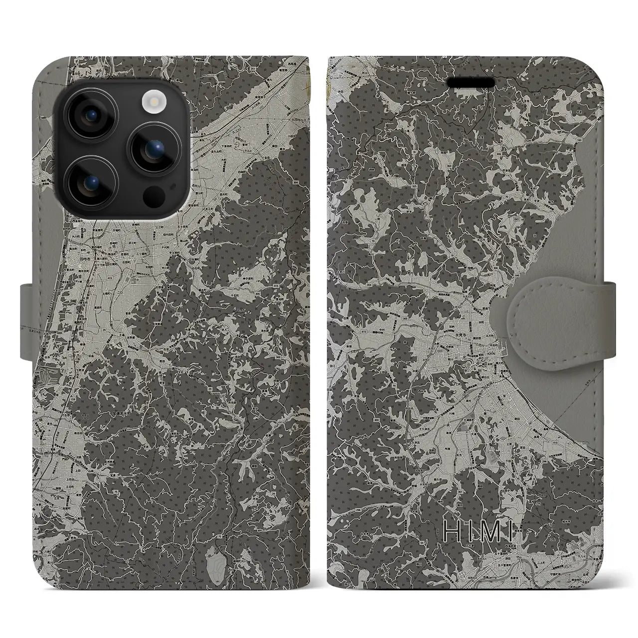 【氷見(富山県)】地図柄iPhoneケース(手帳タイプ)モノトーン・iPhone 16 用