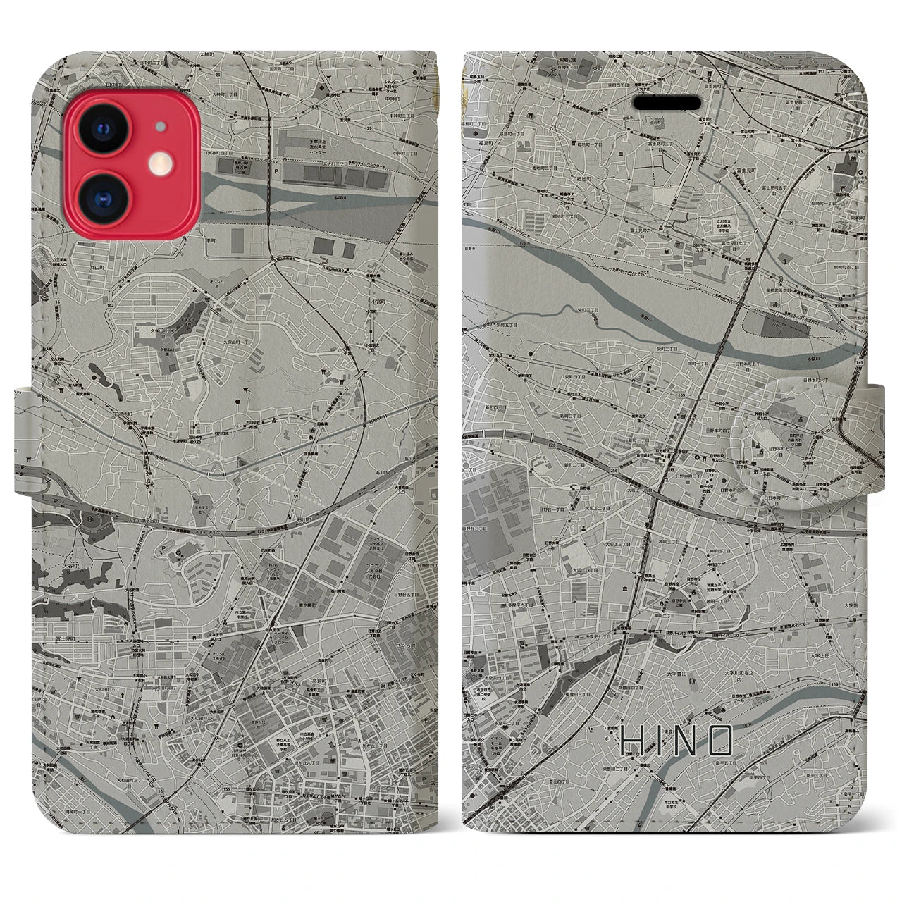 【日野(東京都)】地図柄iPhoneケース(手帳タイプ)モノトーン・iPhone 11 用