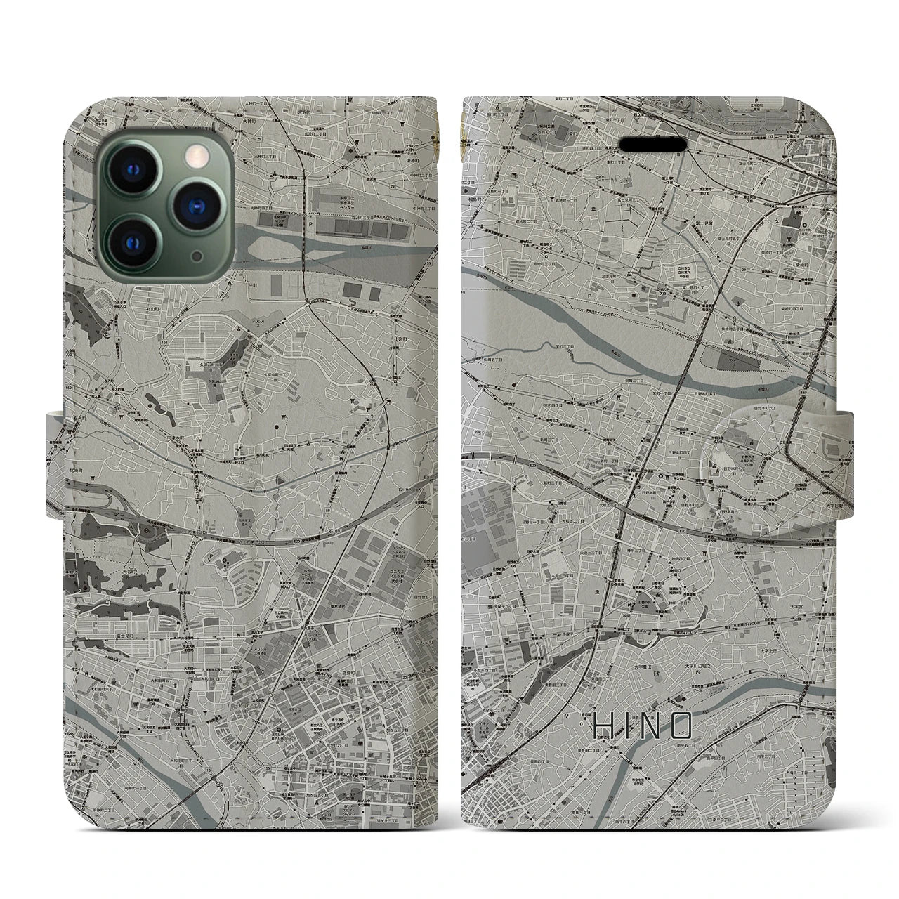 【日野(東京都)】地図柄iPhoneケース(手帳タイプ)モノトーン・iPhone 11 Pro 用