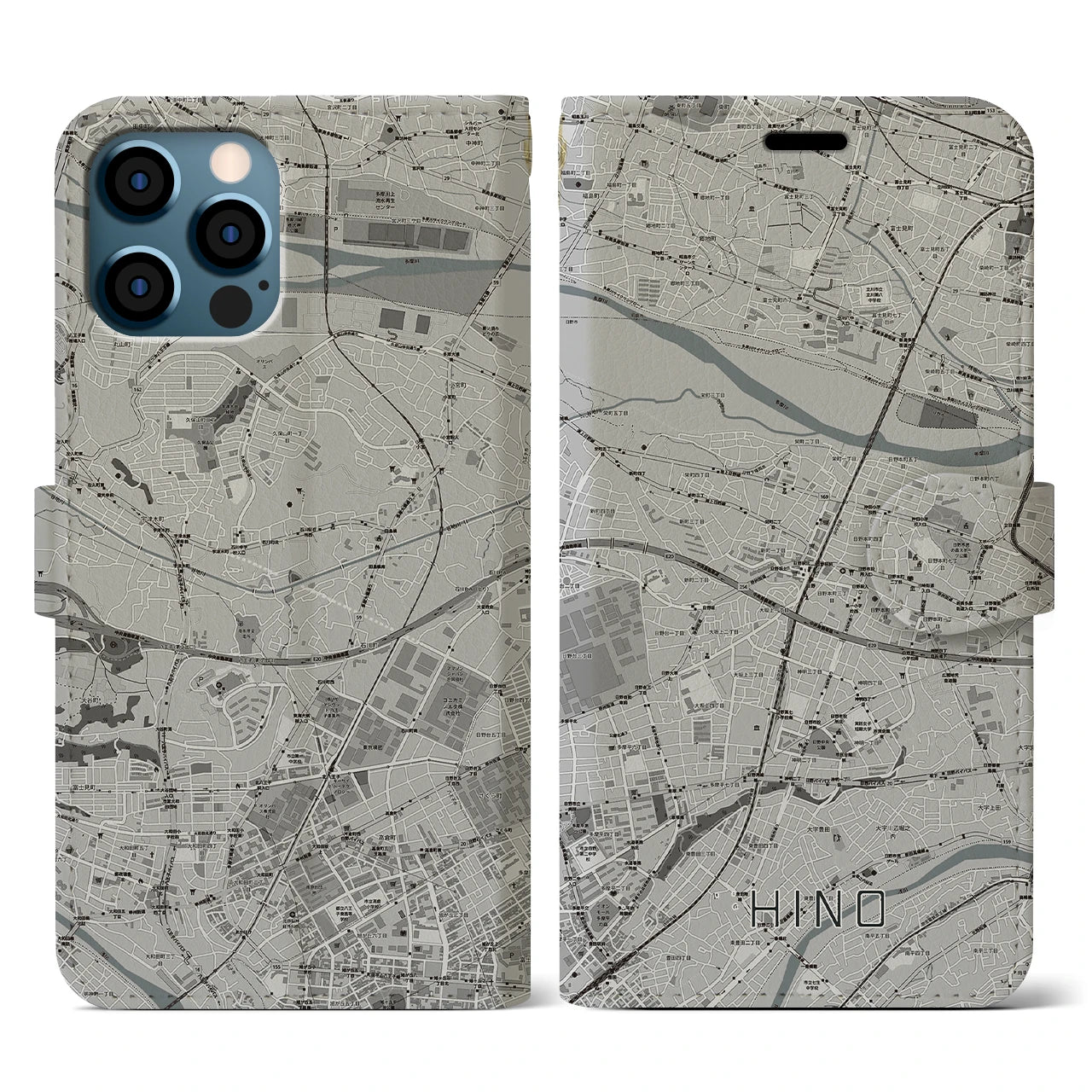 【日野(東京都)】地図柄iPhoneケース(手帳タイプ)モノトーン・iPhone 12 / 12 Pro 用