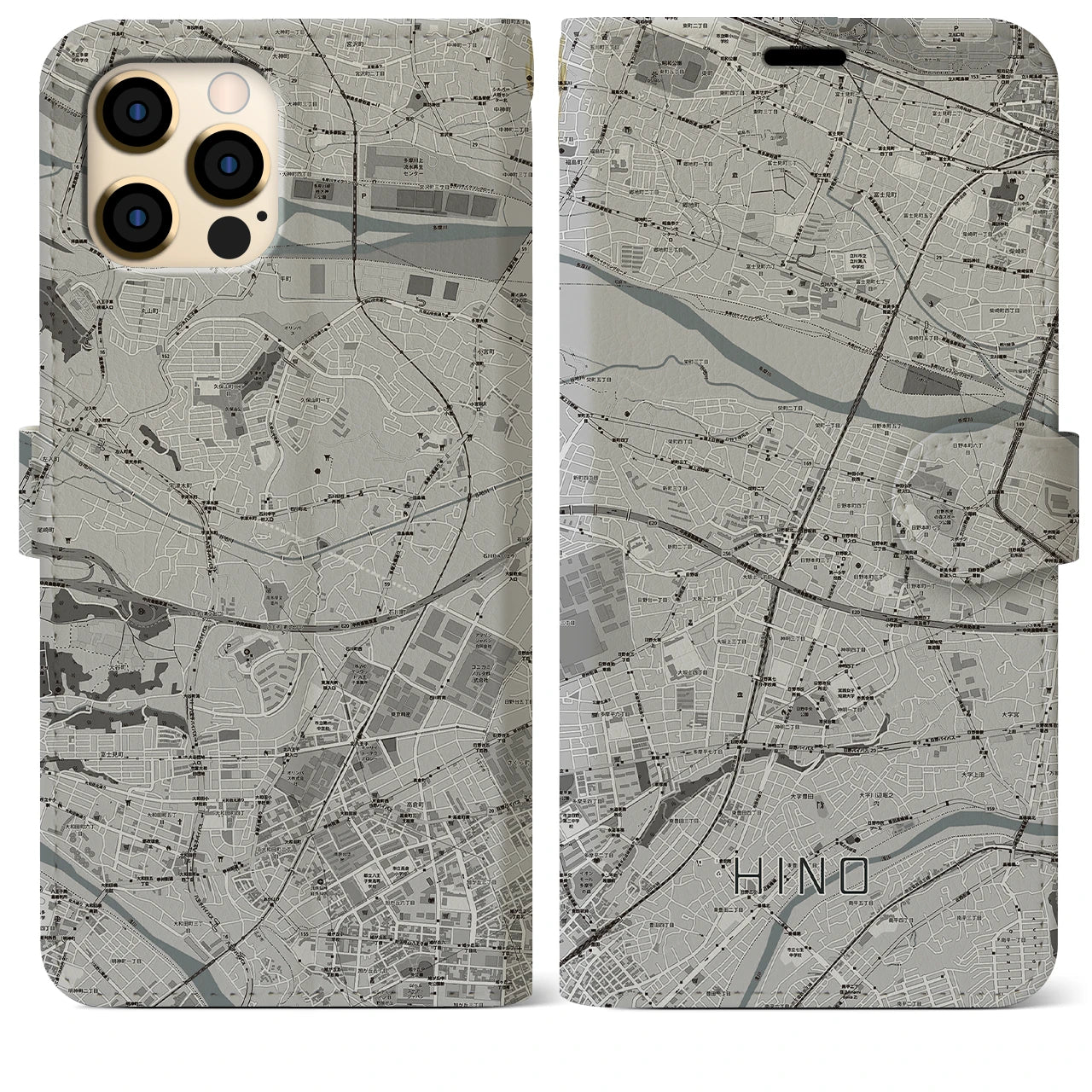 【日野(東京都)】地図柄iPhoneケース(手帳タイプ)モノトーン・iPhone 12 Pro Max 用