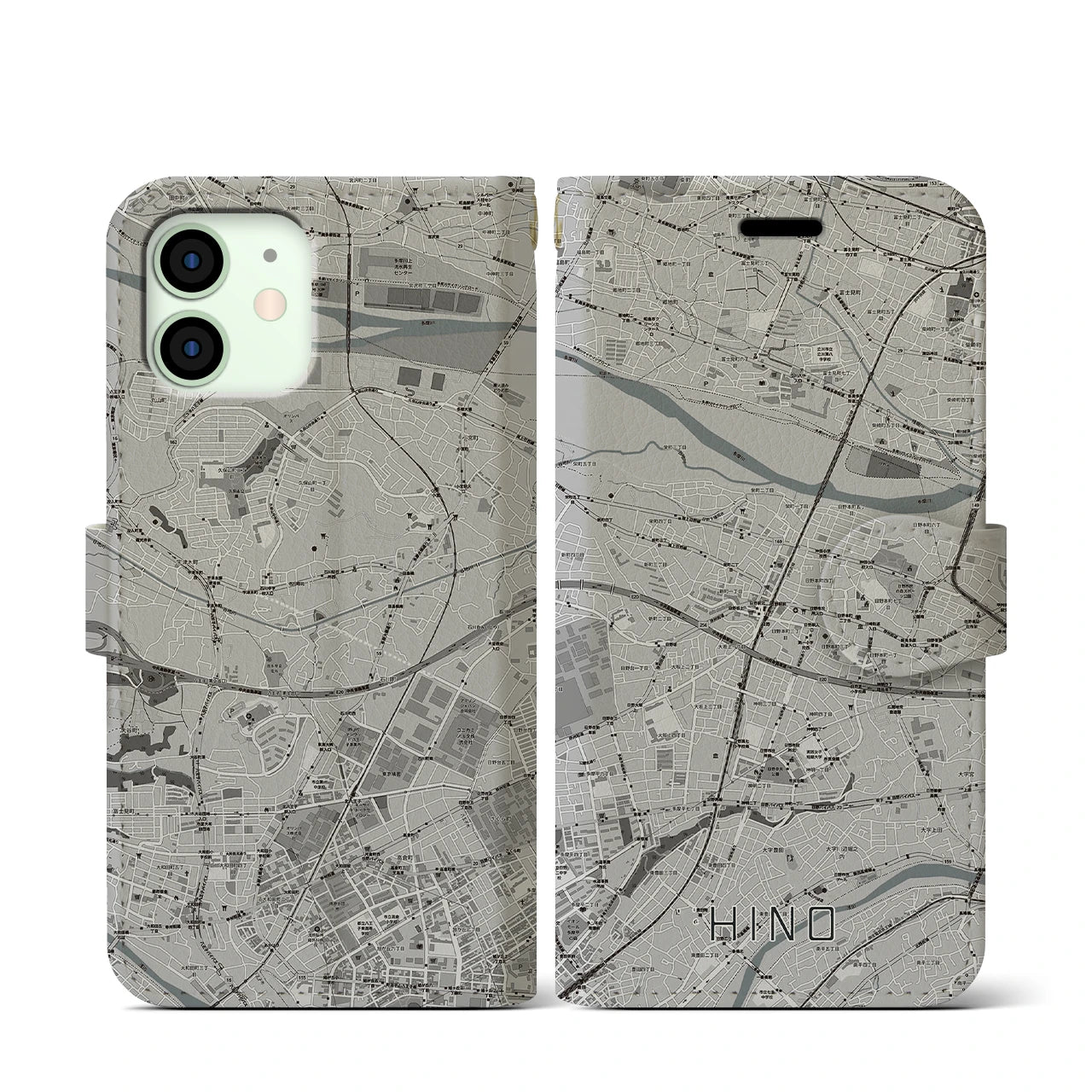 【日野(東京都)】地図柄iPhoneケース(手帳タイプ)モノトーン・iPhone 12 mini 用