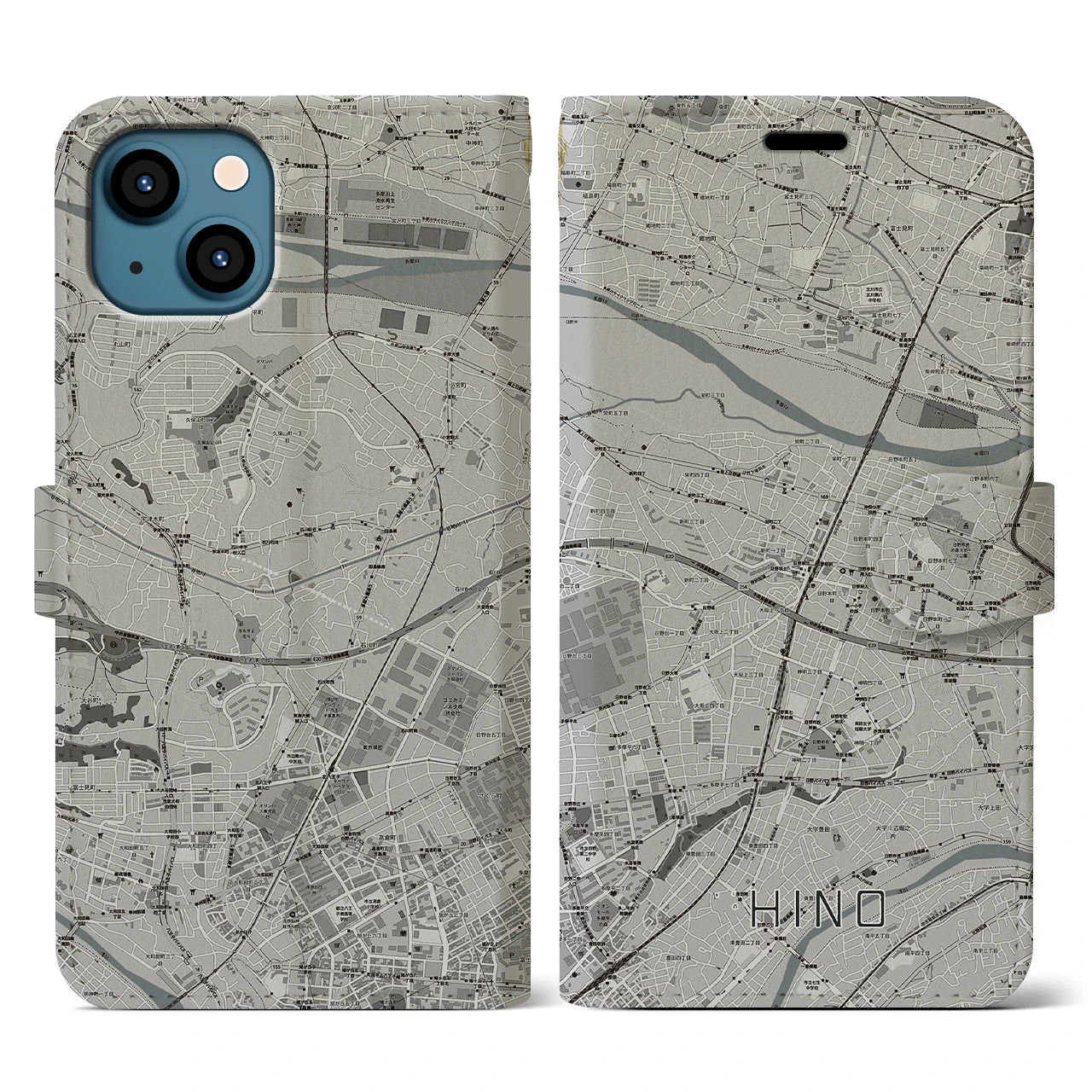 【日野(東京都)】地図柄iPhoneケース(手帳タイプ)モノトーン・iPhone 13 用