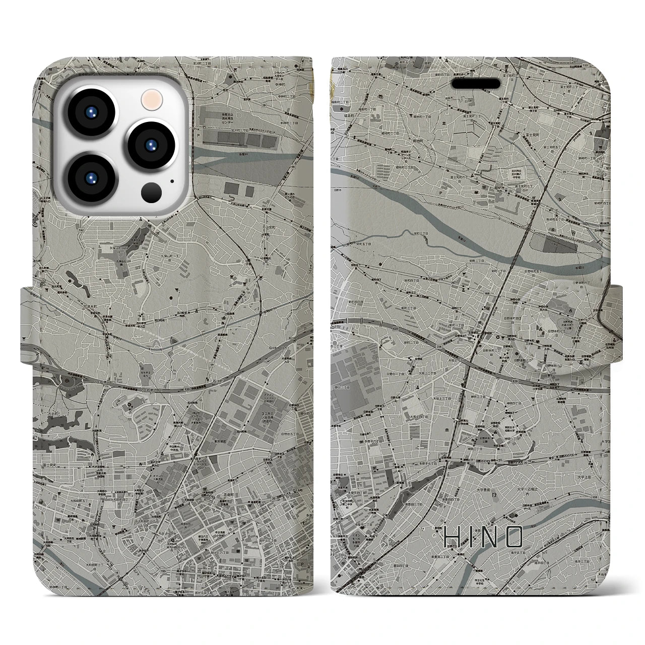 【日野(東京都)】地図柄iPhoneケース(手帳タイプ)モノトーン・iPhone 13 Pro 用