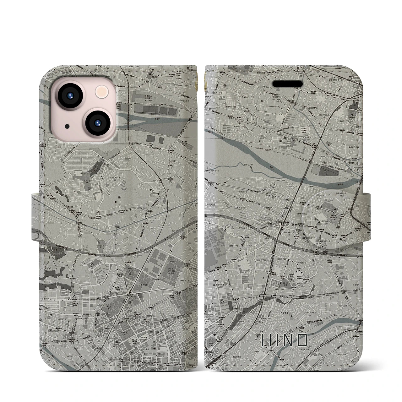 【日野(東京都)】地図柄iPhoneケース(手帳タイプ)モノトーン・iPhone 13 mini 用