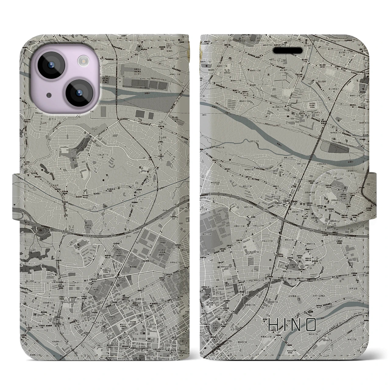 【日野(東京都)】地図柄iPhoneケース(手帳タイプ)モノトーン・iPhone 14 用