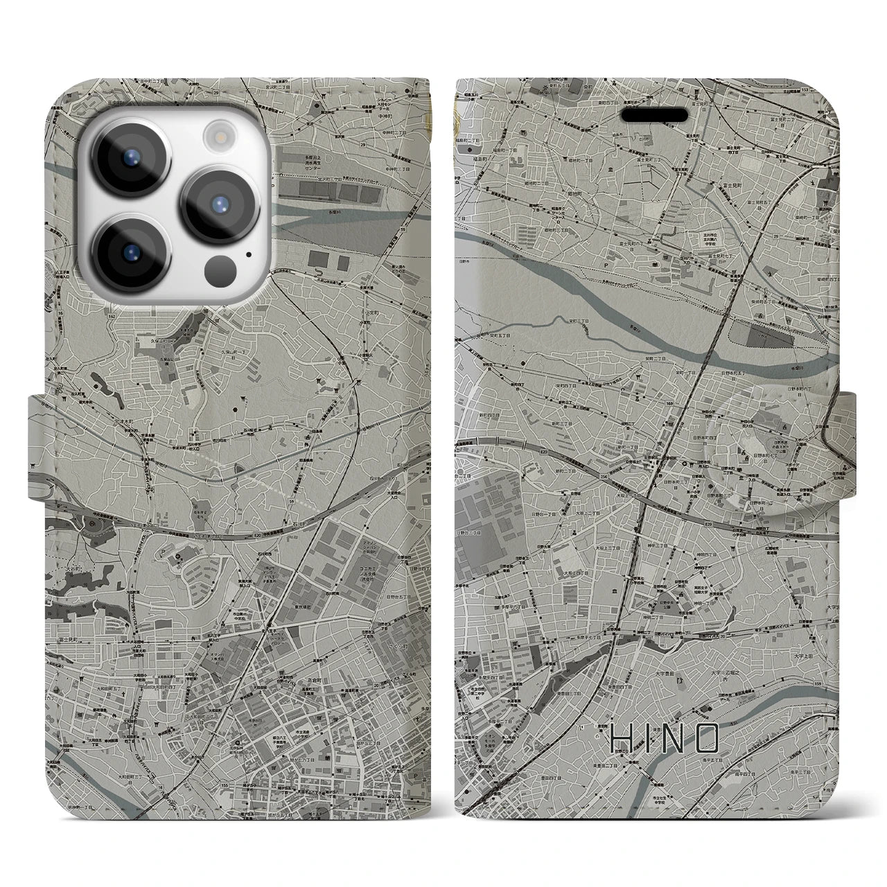 【日野(東京都)】地図柄iPhoneケース(手帳タイプ)モノトーン・iPhone 14 Pro 用