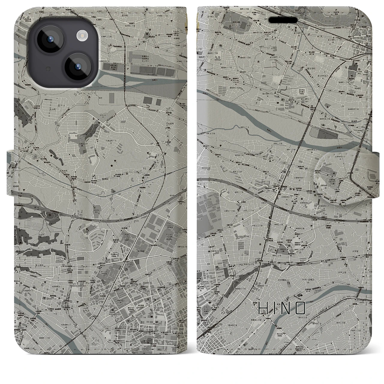 【日野(東京都)】地図柄iPhoneケース(手帳タイプ)モノトーン・iPhone 14 Plus 用