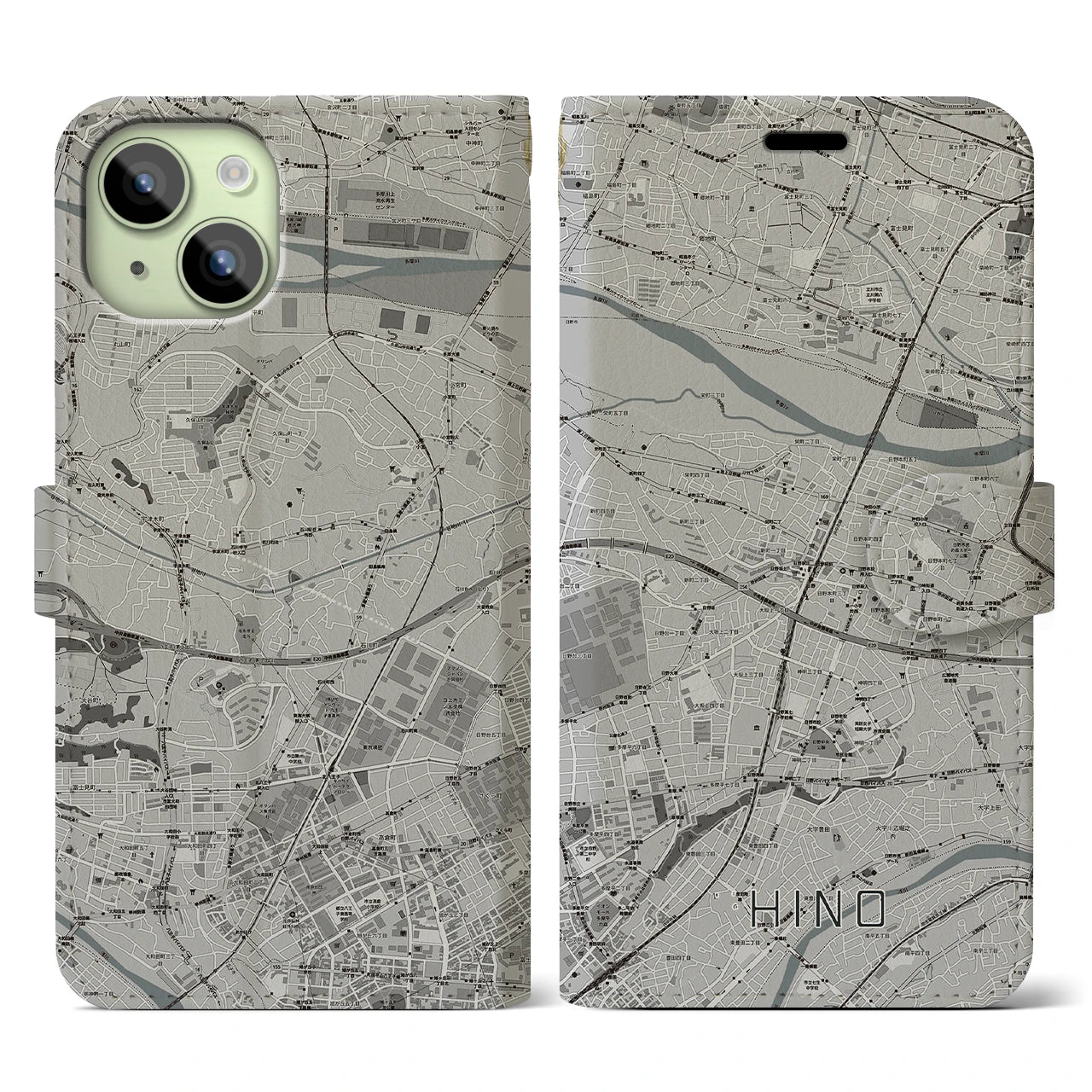 【日野(東京都)】地図柄iPhoneケース(手帳タイプ)モノトーン・iPhone 15 用