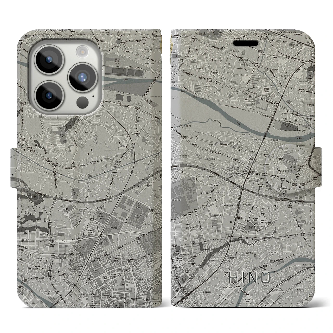 【日野(東京都)】地図柄iPhoneケース(手帳タイプ)モノトーン・iPhone 15 Pro 用