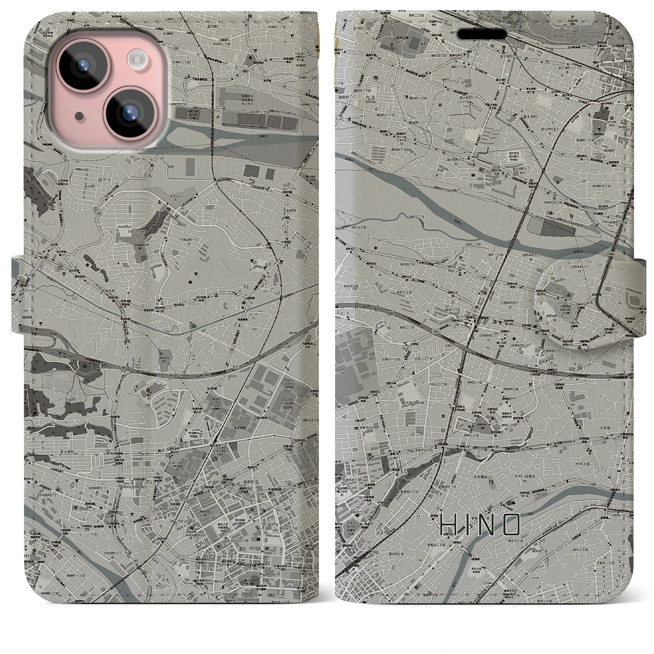 【日野(東京都)】地図柄iPhoneケース(手帳タイプ)モノトーン・iPhone 15 Plus 用