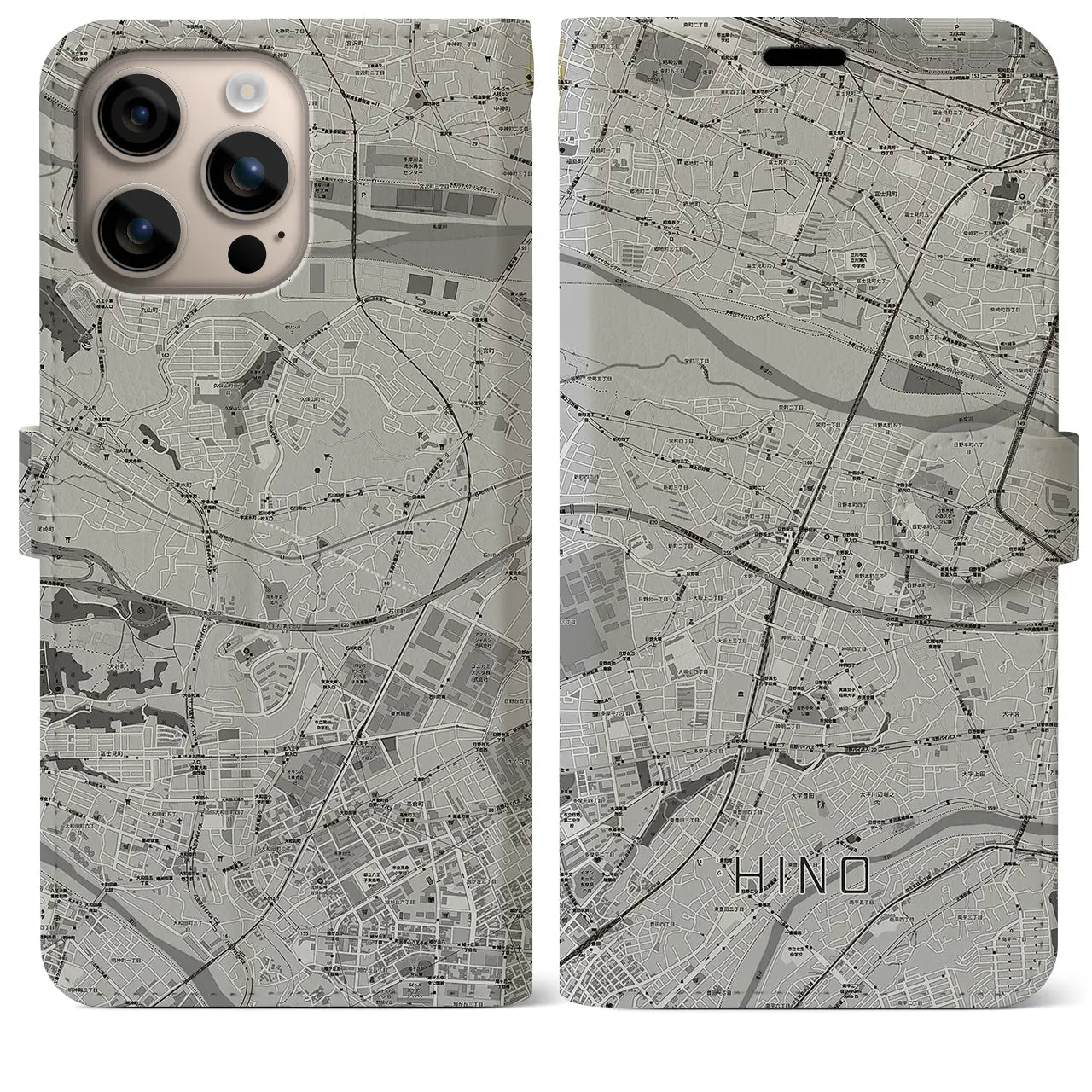 【日野(東京都)】地図柄iPhoneケース(手帳タイプ)モノトーン・iPhone 16 Plus 用
