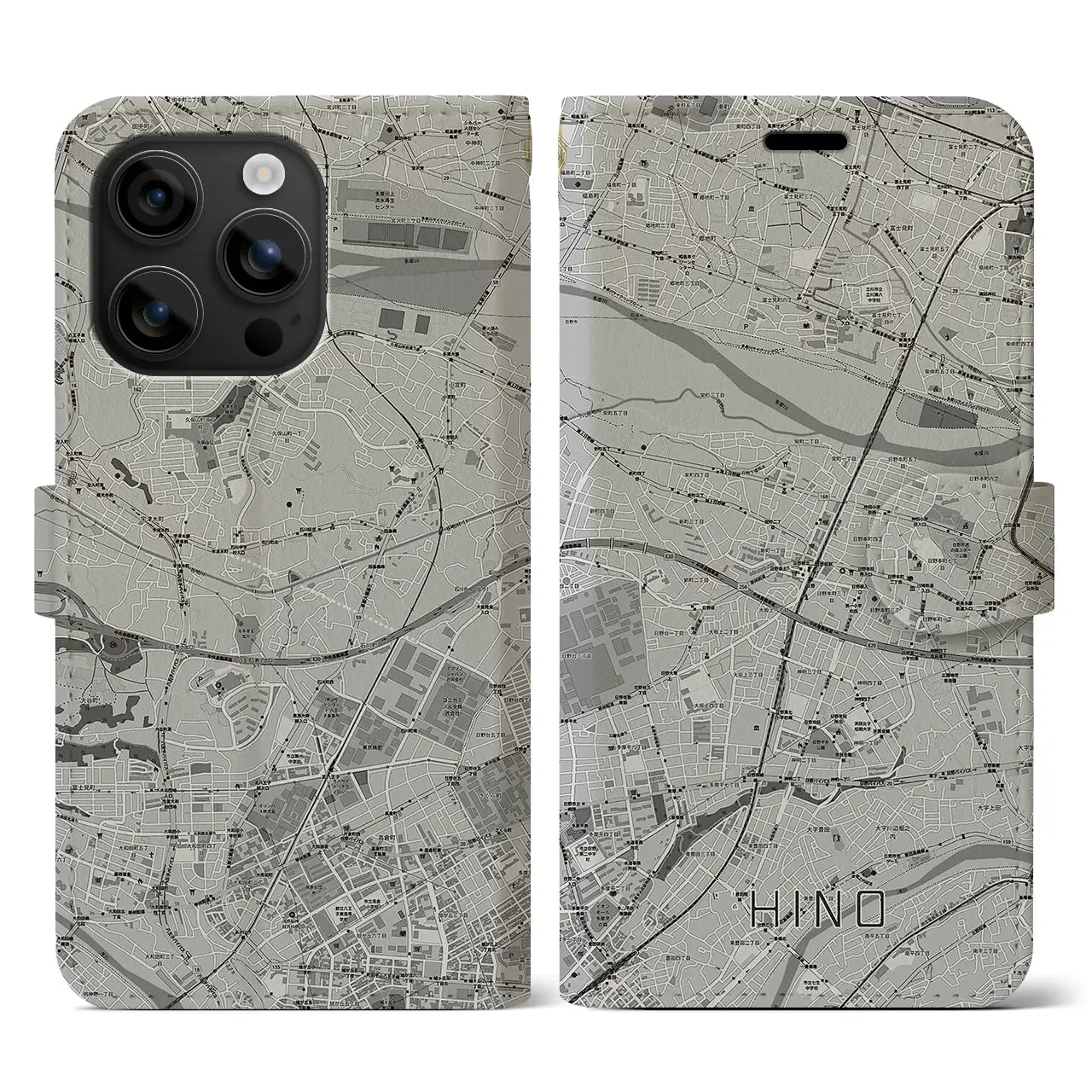 【日野(東京都)】地図柄iPhoneケース(手帳タイプ)モノトーン・iPhone 16 用